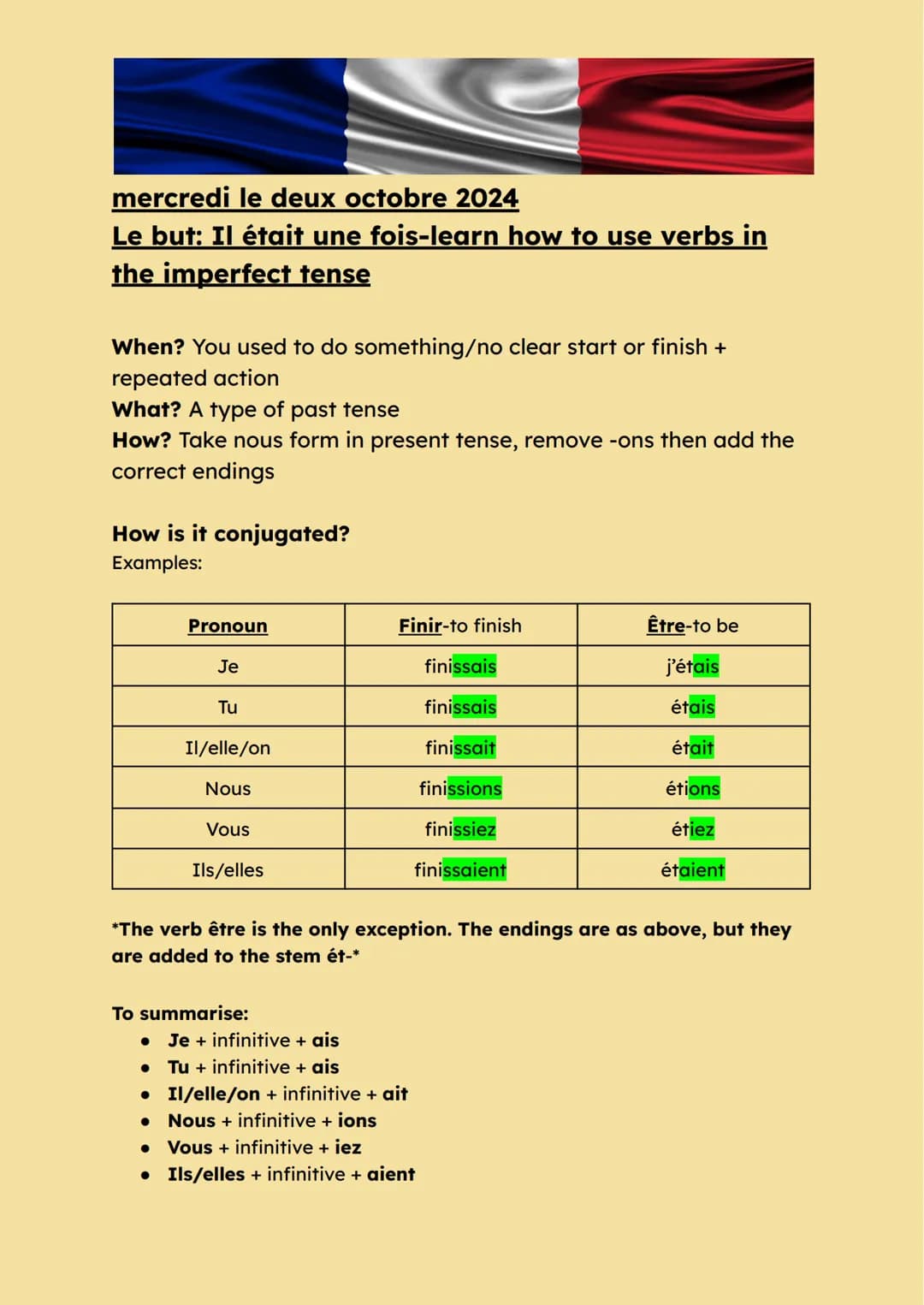 mercredi le deux octobre 2024
Le but: Il était une fois-learn how to use verbs in
the imperfect tense
When? You used to do something/no cl