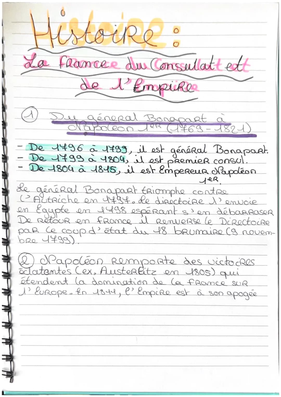 # Histoire :
La France du Consulat ett
de l'Empire
✔ Due géneral Bonapart à
Napoleon Jer (1769-1821)
- De 1796 à 1799, il est général Bon