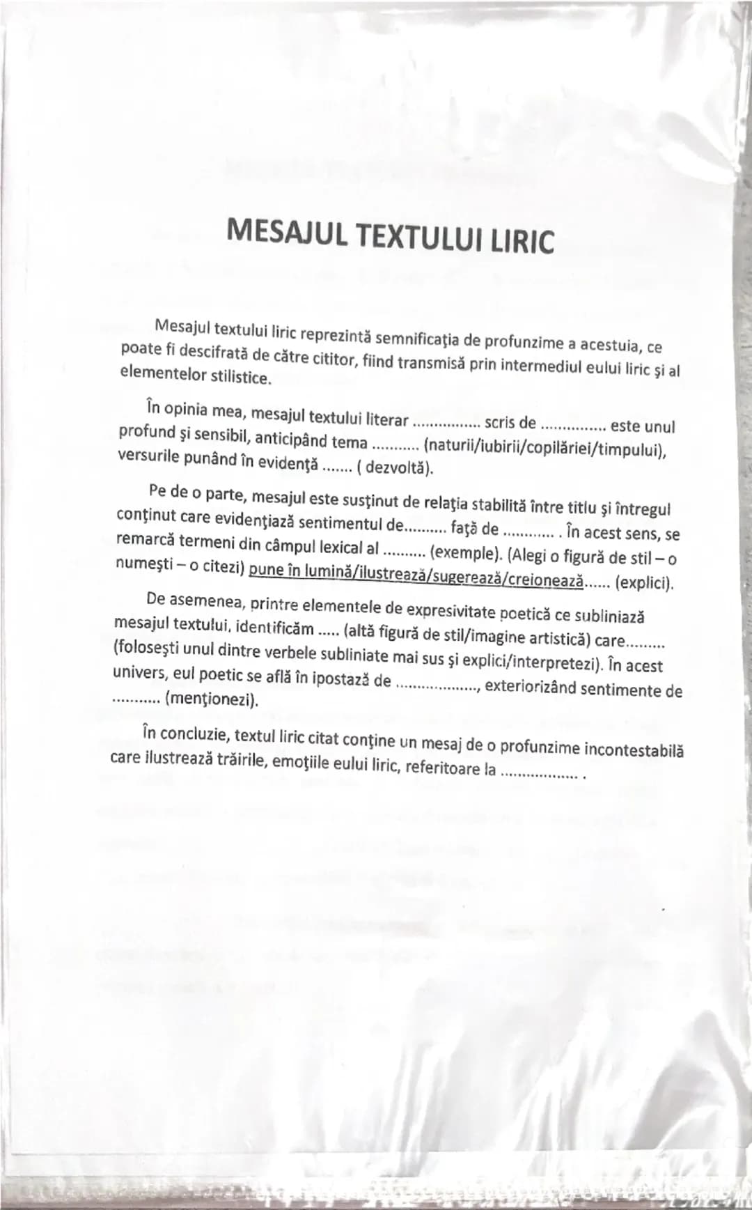 # MESAJUL TEXTULUI LIRIC
Mesajul textului liric reprezintă semnificaţia de profunzime a acestuia, ce
poate fi descifrată de către cititor,
