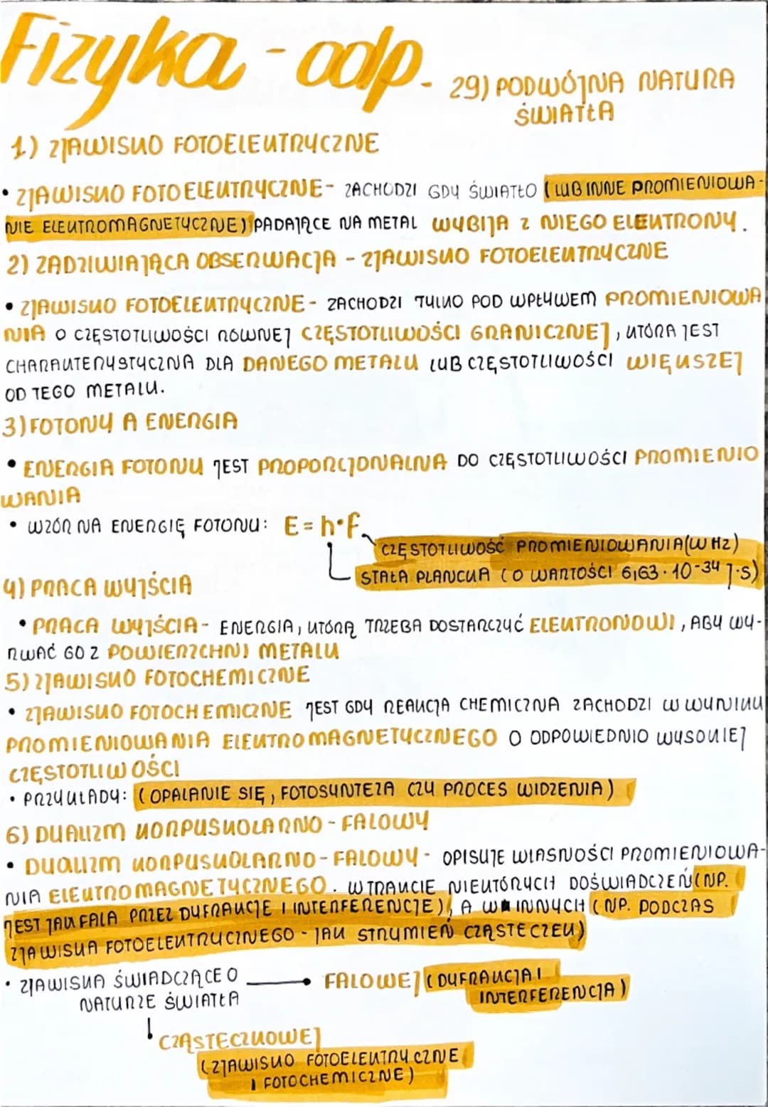 # Fizyka - odp.
29) PODWÓJNA NATURA
ŚWIATŁA
1) ZJAWISKO FOTOELEUTRYCZNE
• ZJAWISKO FOTO ELEUTRYCZNE ZACHODZI GDY ŚWIATŁO ( LUBINNE PROMIE