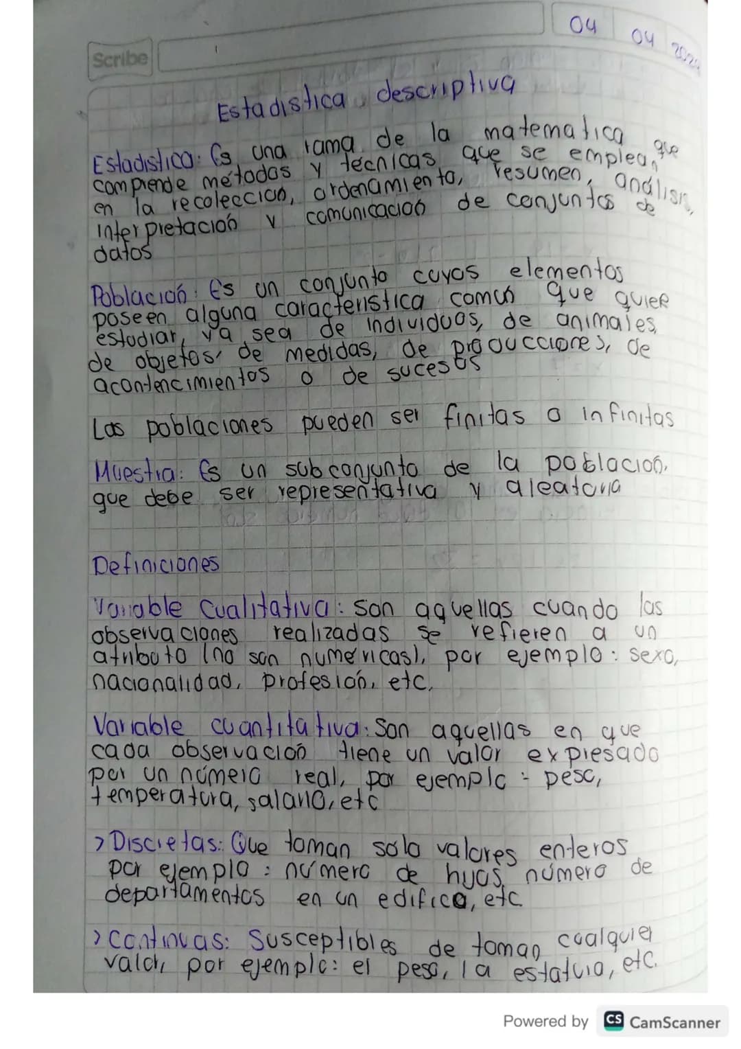 Scribe
04
04 2020
Estadistica descriptiva
Estadistica: Cs, una rama de la matematica que
comprende métodos y tecnicas que se emplea
en la