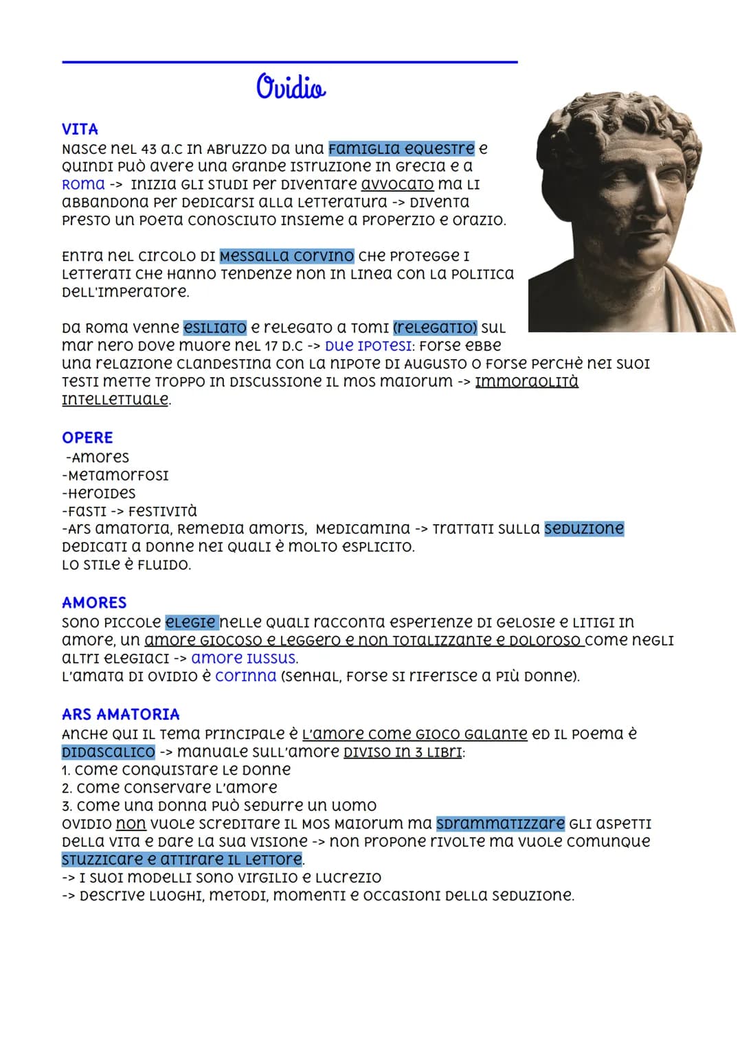 # Ovidio
VITA
NASCE NEL 43 a.C In Abruzzo da una FAMIGLIA equestre e
QUINDI PUò avere una Grande ISTRUZIONE In Grecia e a
ROMA -> INIZIA G