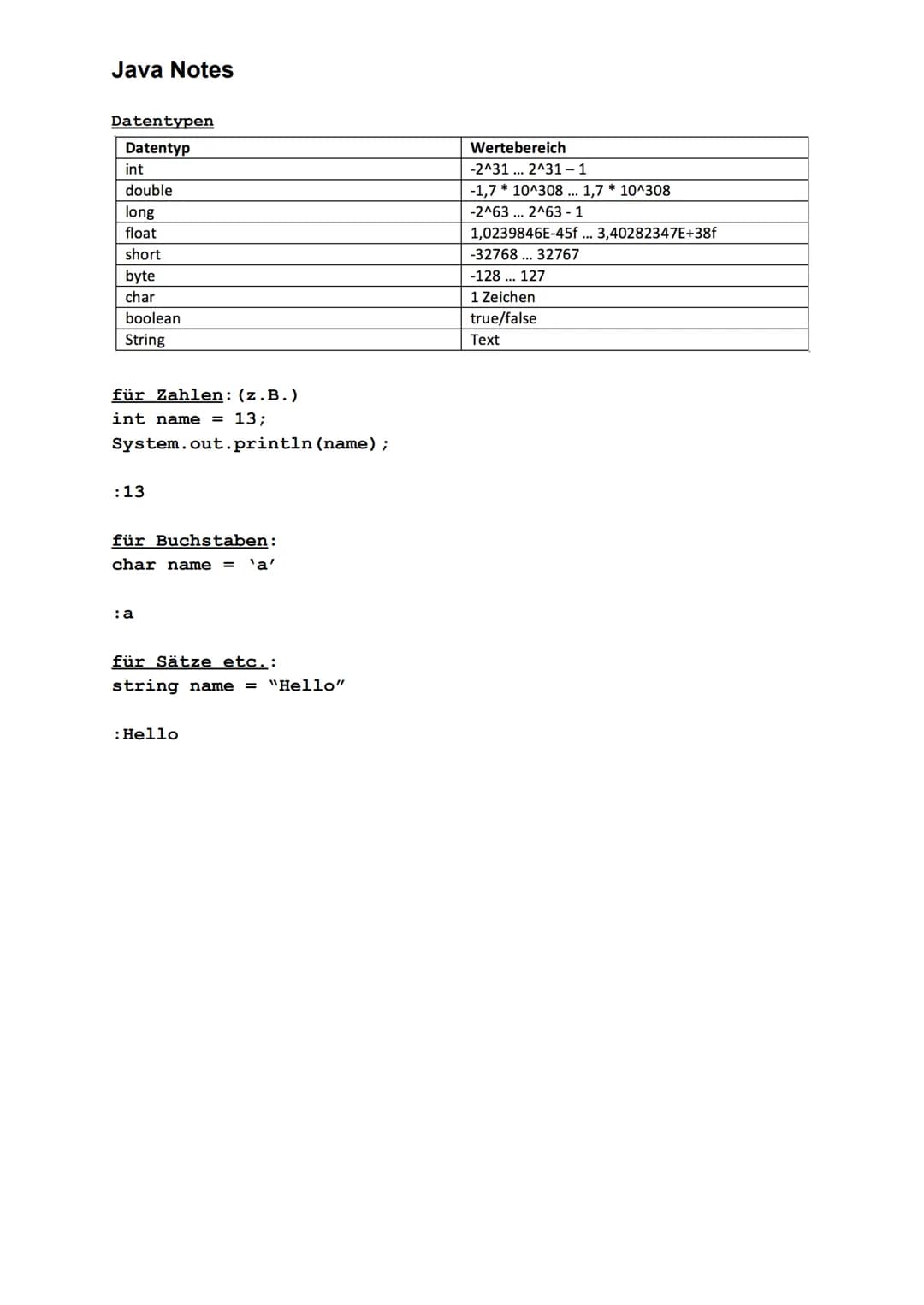 Java Notes
Datentypen
|Datentyp|Wertebereich|
|---|---|
|int|-2^31... 2^31-1|
|double|-1,7* 10^308 ... 1,7 * 10^308|
|long|-2^63... 2^63-1