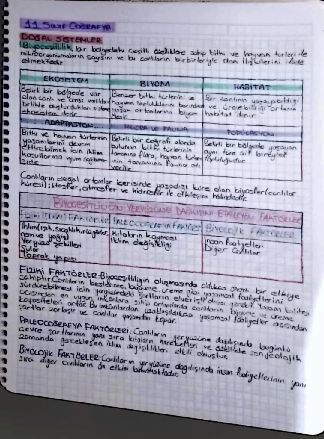 11. SINIF COĞRAFYA
DOĞAL SISTEMLER
Biypceşitlilik, bir belgedeki çeşitli dzelliklere sahip bith, ve hayvan turleri ile
mikroorganizmaların
