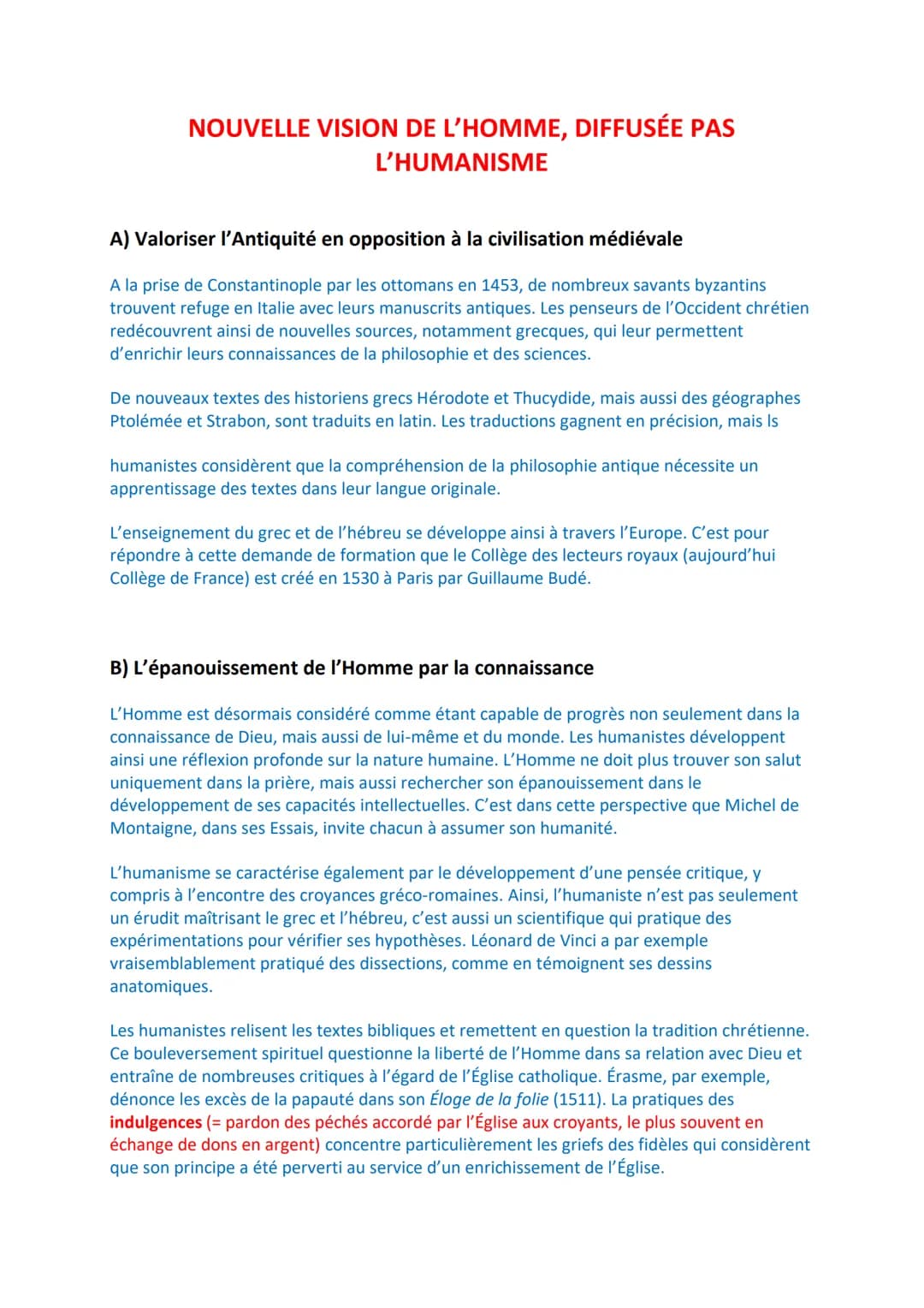 # NOUVELLE VISION DE L'HOMME, DIFFUSÉE PAS
# L'HUMANISME
## A) Valoriser l'Antiquité en opposition à la civilisation médiévale
A la prise