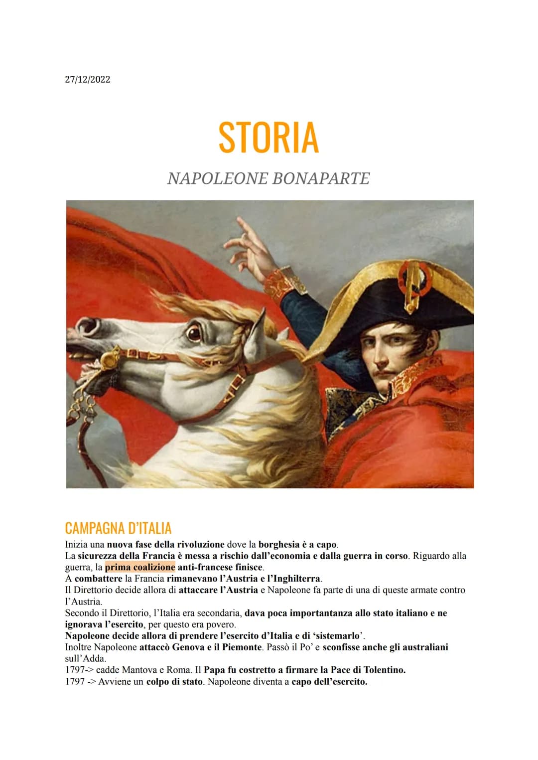 27/12/2022
# STORIA
NAPOLEONE BONAPARTE
CAMPAGNA D'ITALIA
Inizia una nuova fase della rivoluzione dove la borghesia è a capo.
La sicurez