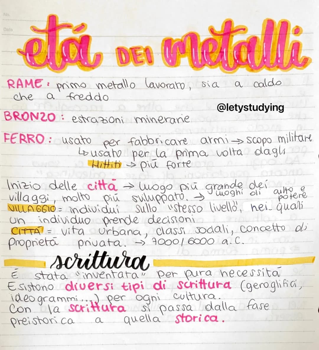 No.
Date
# etá DEI metalli
RAME: primo metallo lavorato, sia a caldo
che a freddo
BRONZO: estrazioni mineranie.
@letystudying
FERRO: usa