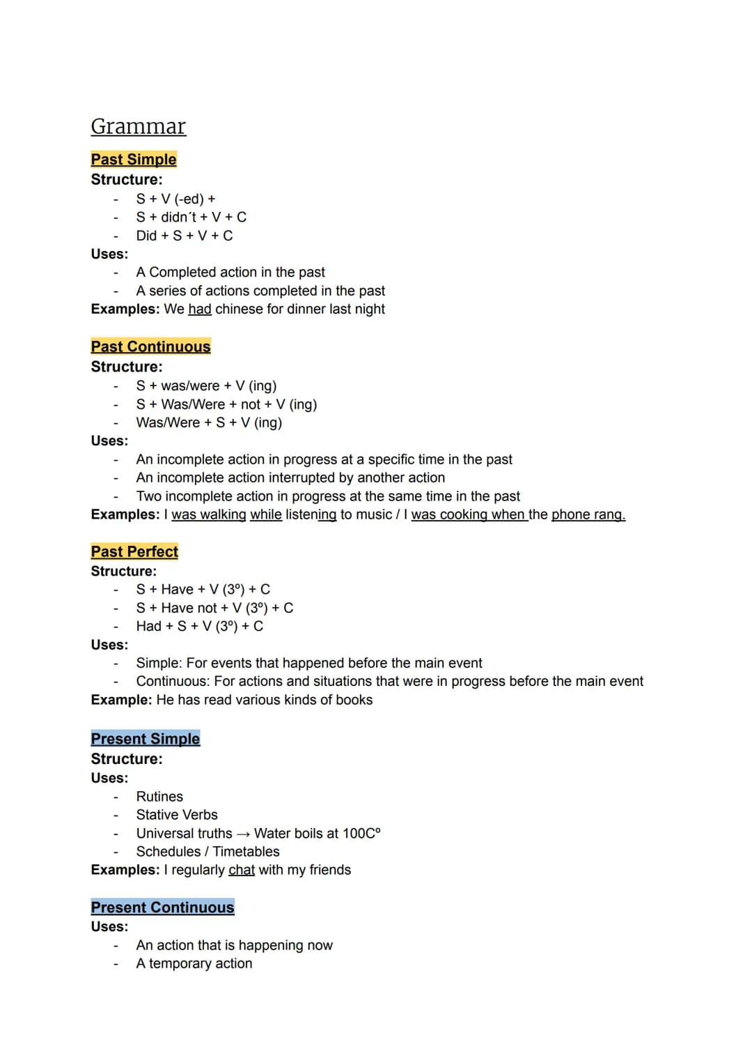 Grammar
Past Simple
Structure:
- S + V (-ed) +
- S + didn't + V+C
- Did + S + V + C
Uses:
- A Completed action in the past
- A series of ac