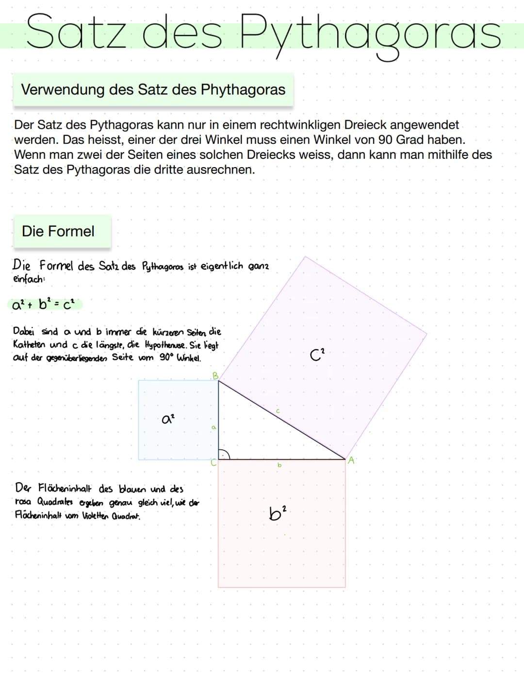 # Satz des Pythagoras
Verwendung des Satz des Phythagoras
Der Satz des Pythagoras kann nur in einem rechtwinkligen Dreieck angewendet
werd