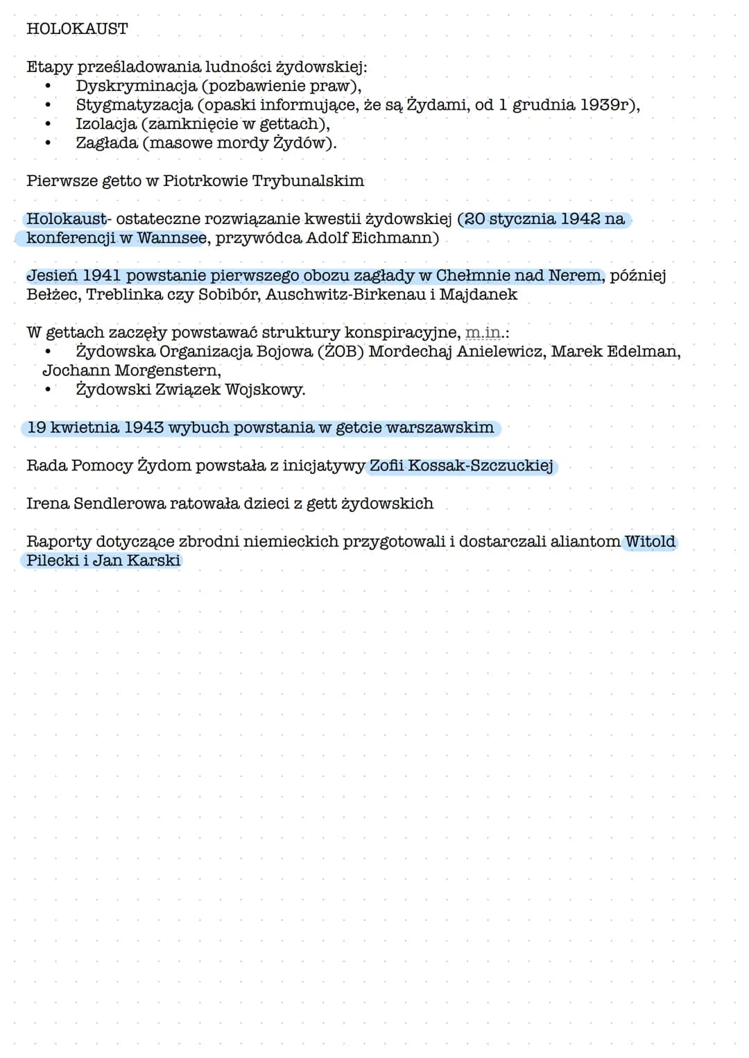 # HOLOKAUST
Etapy prześladowania ludności żydowskiej:
- Dyskryminacja (pozbawienie praw),
- Stygmatyzacja (opaski informujące, że są Żydami