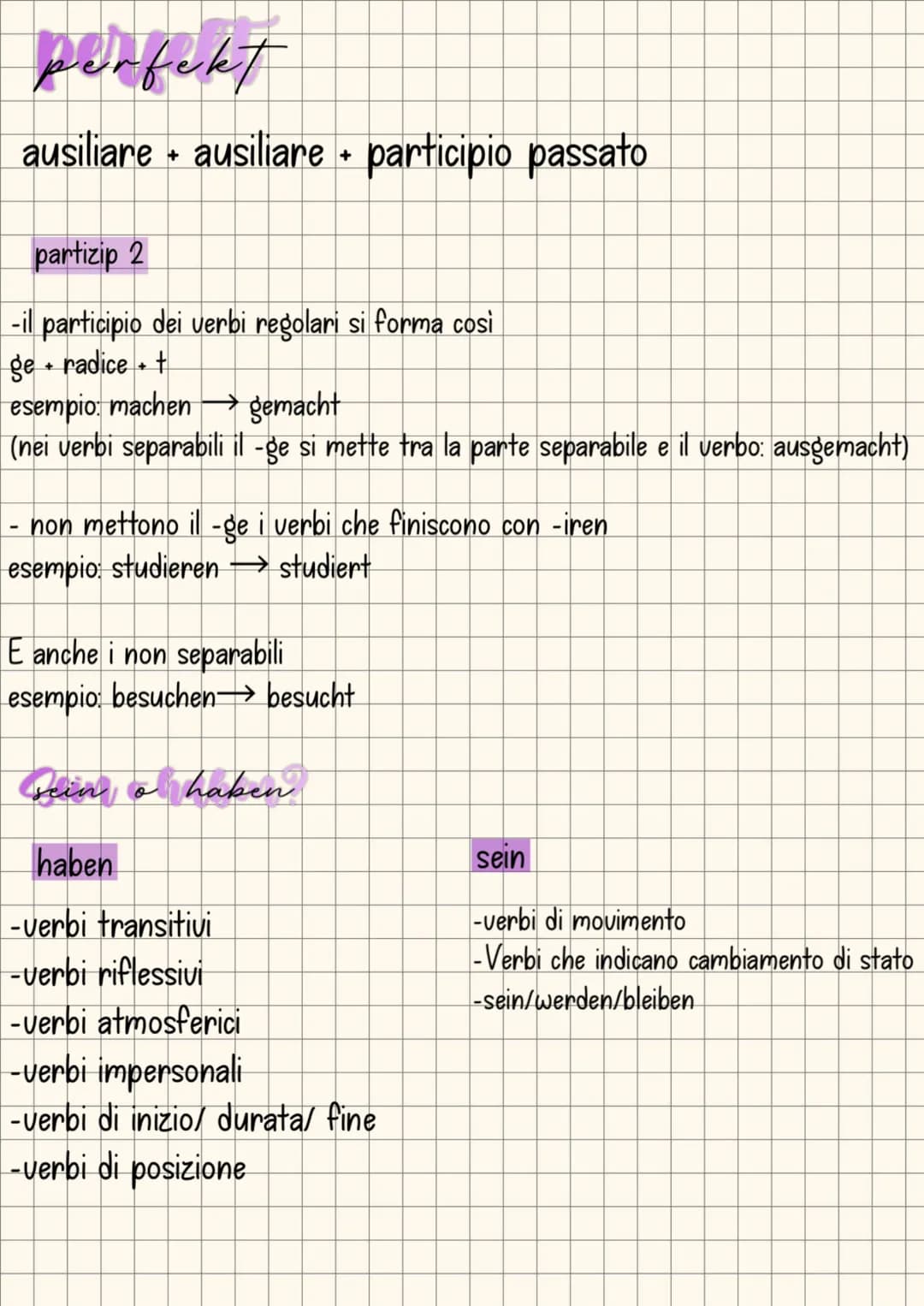 # perfekt
ausiliare + ausiliare + participio passato
partizip 2
-il participio dei verbi regolari si forma cosi
ge + radice + +
esempio: