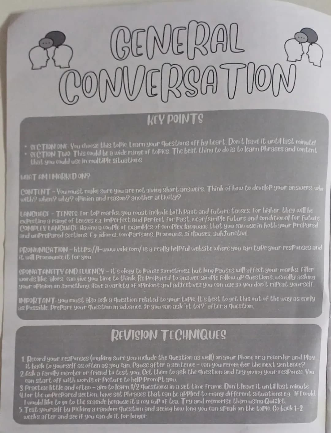 # GOSE FRENCH
SPEAKING EXAM
| | Preparation | Role-Play | Photocard | General Conversation |
| ----------- | ----------- | ---