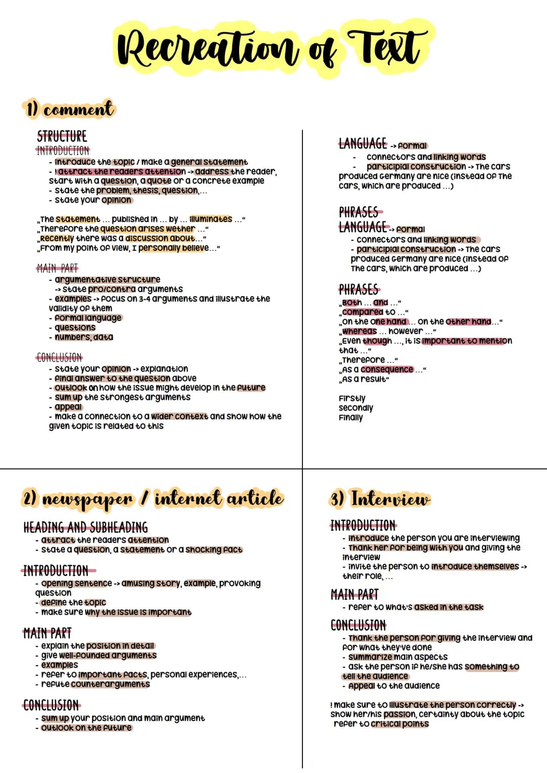 # Recreation of Text
1) comment
STRUCTURE
INTRODUCTION
- introduce the topic/make a general statement
- !attract the readers attention