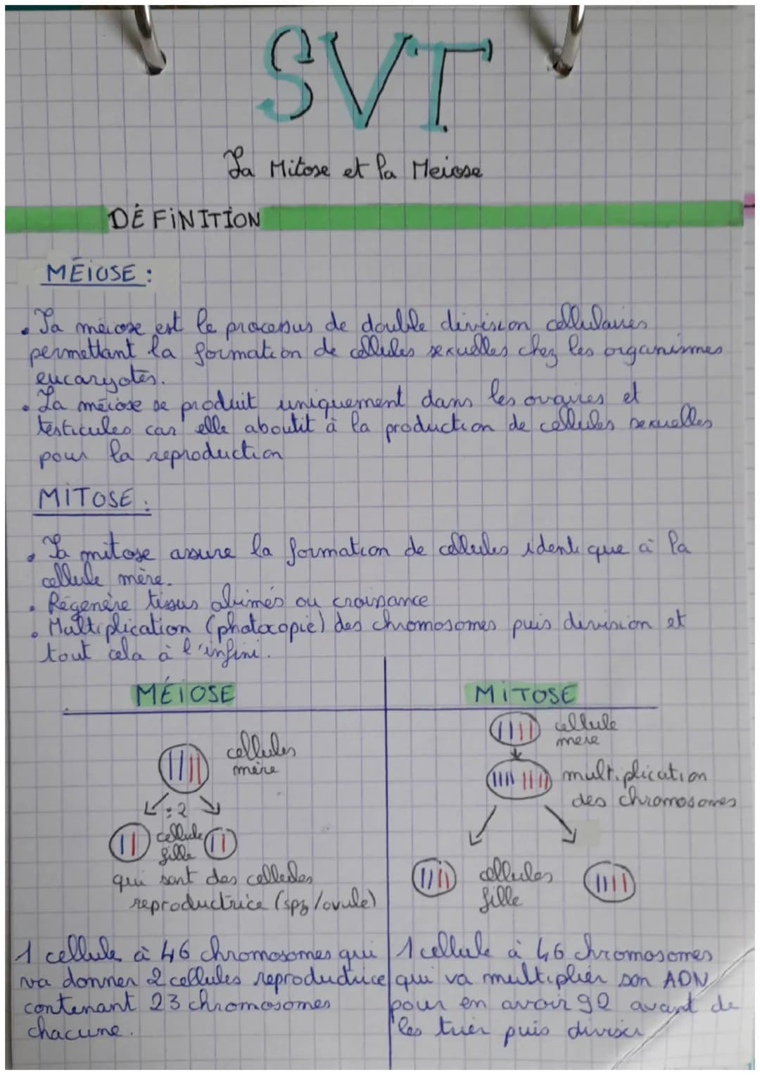 # SVT
La Mitose et la Meiose
DE FINITION
MEIOSE:
• Sa merose est le processus de double division cellulares.
permettant la formation de