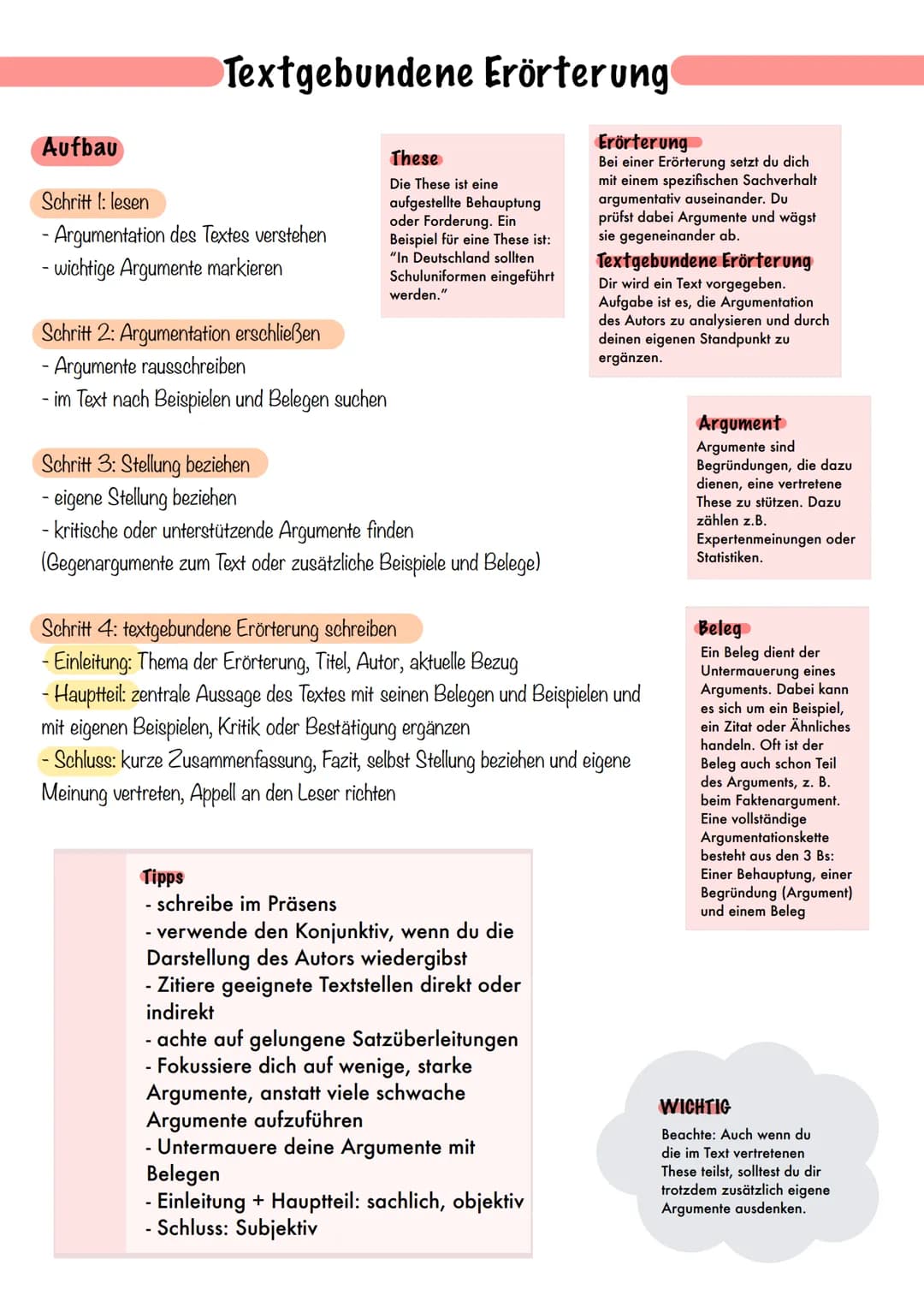 # Aufbau
Schritt 1: lesen
- Argumentation des Textes verstehen
- wichtige Argumente markieren
Schritt 2: Argumentation erschließen
- Argume