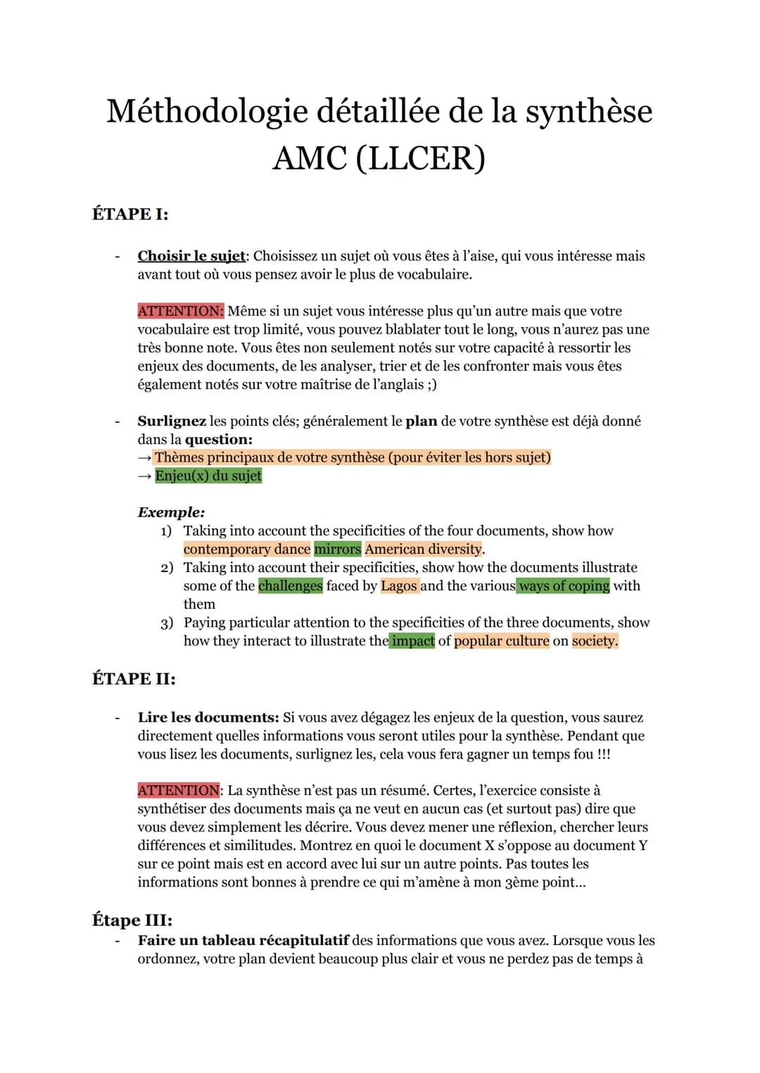 # Méthodologie détaillée de la synthèse
AMC (LLCER)
ÉTAPE I:
- Choisir le sujet: Choisissez un sujet où vous êtes à l'aise, qui vous intér