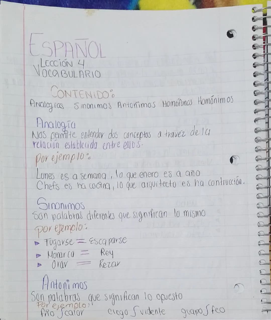 ESPAÑOL
LECCIÓN 4
VOCABULARIO
CONTENIDO:
Analogias Sinonimos Antonimos Homofonos Homónim os
Analogia
Nos permite entender das conceptos a