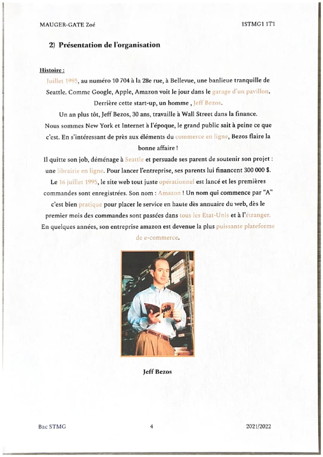MAUGER-GATE Zoé
1STMG1 1T1
ETUDE DE GESTION
amazon
L'entreprise mondiale américaine de e-commerce
Bac STMG
1
2021/2022 MAUGER-GATE Zo
