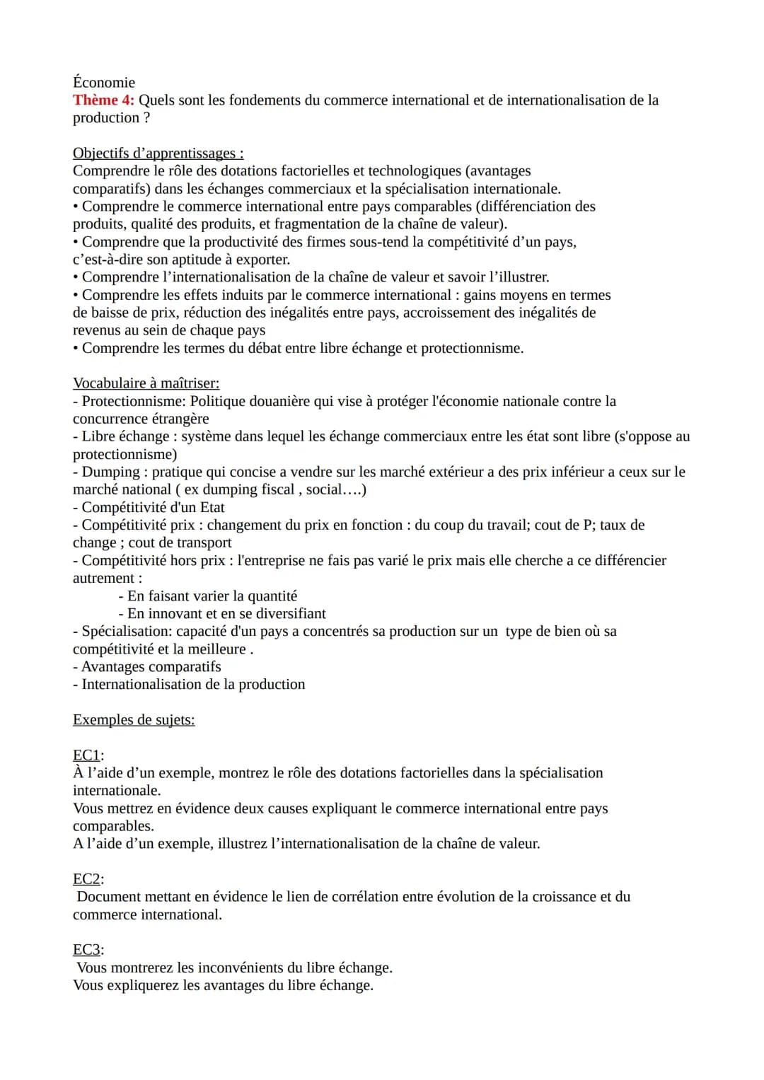 Économie
Thème 4: Quels sont les fondements du commerce international et de internationalisation de la
production ?
Objectifs d'apprentiss