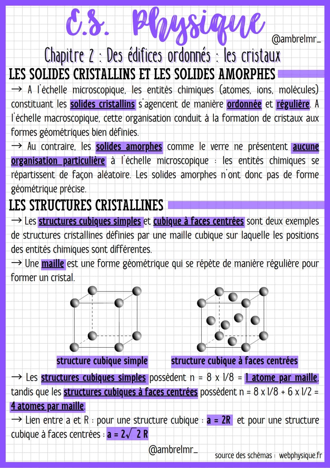 # E.S. Physique Cambrer
Chapitre 2: Des édifices ordonnés : les cristaux
LES SOLIDES CRISTALLINS ET LES SOLIDES AMORPHES
→ A l'échelle mi