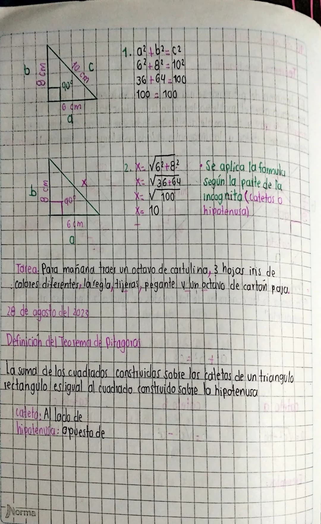 # 16 de agosto del 2023
Teorema cle pitagoras
El teorema de pitagaras se usa para resolver problemas de distancias, es
necesario que el pr