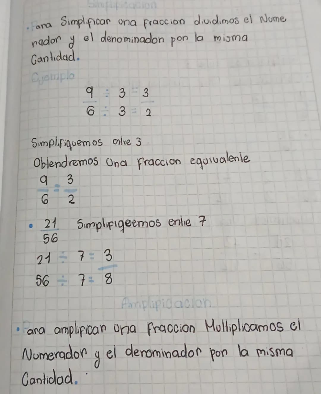 - ara Simplificar ona fraccion dividimos el Nume
nador y el denominadon pon la misma
Gantidad.
Cjemplo
$
\frac{9}{6} : \frac{3}{3} = \frac