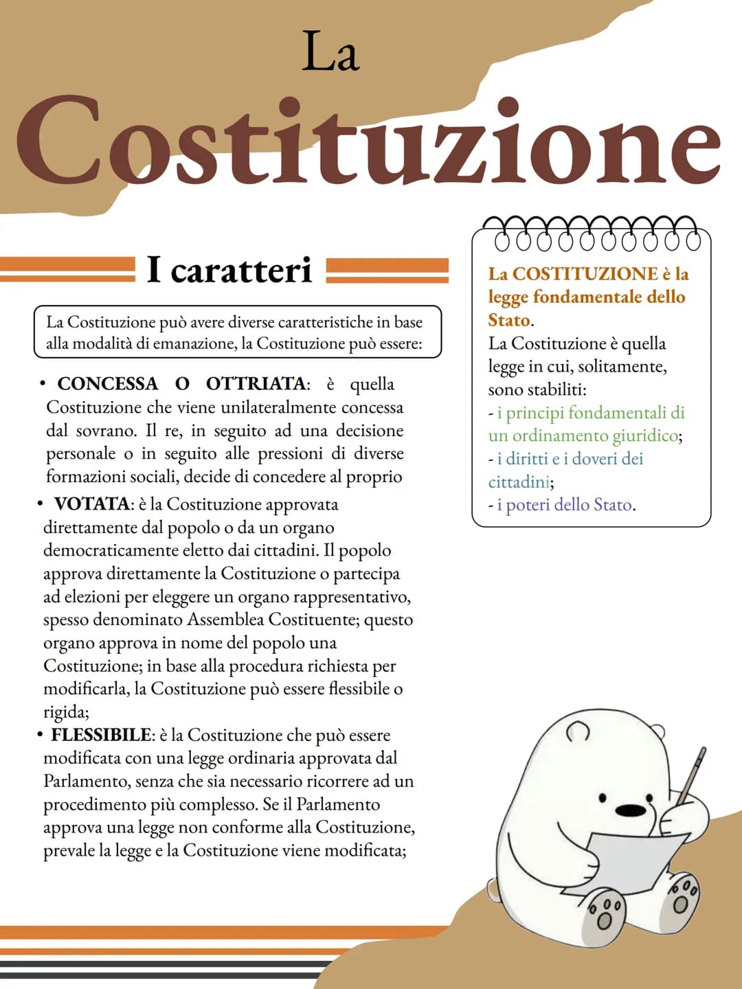 # La
# Costituzione
## I caratteri
La Costituzione può avere diverse caratteristiche in base
alla modalità di emanazione, la Costituzione