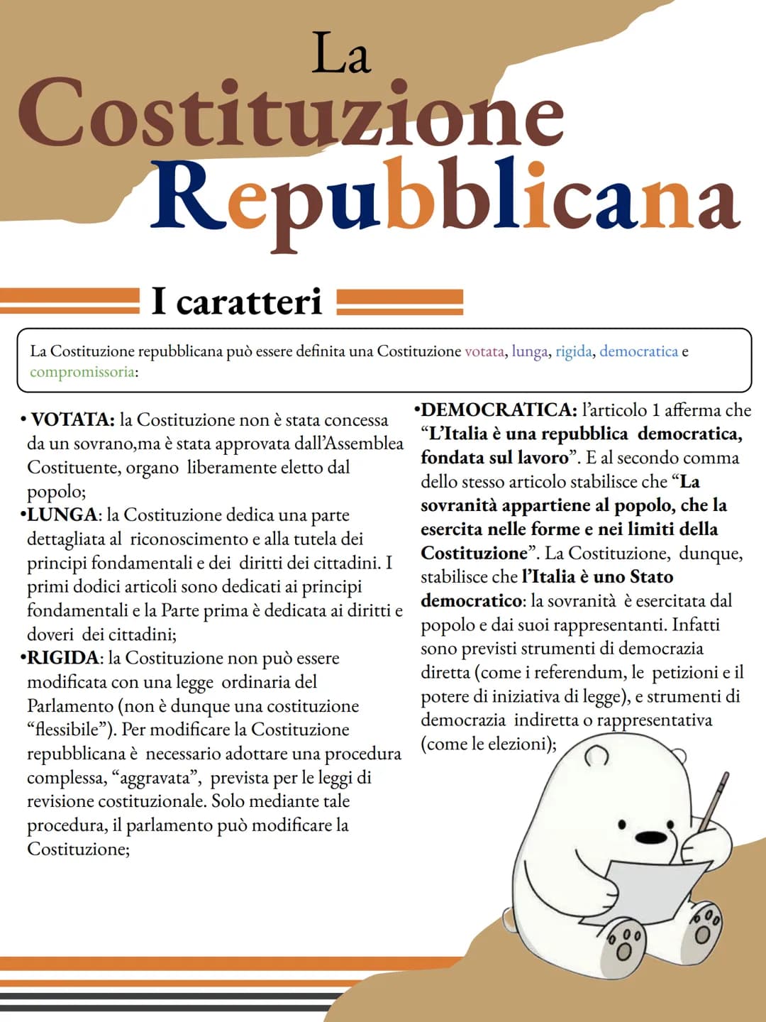 # La
# Costituzione
## I caratteri
La Costituzione può avere diverse caratteristiche in base
alla modalità di emanazione, la Costituzione