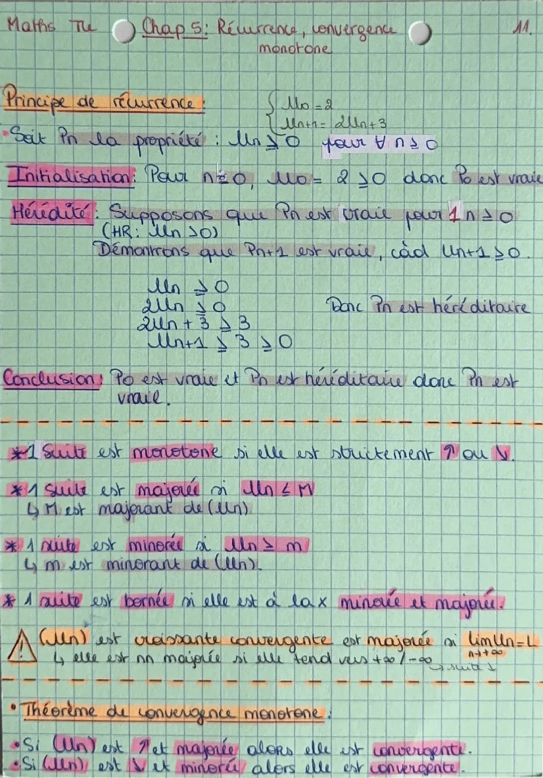 Maths The Chap 5: Réurrence, venvergence.
monotone
Principe de récurrence!
$
\begin{cases}
Mo = 2 \\
M_{n+1} = 2U_n + 3
\end{cases}
$
Seit