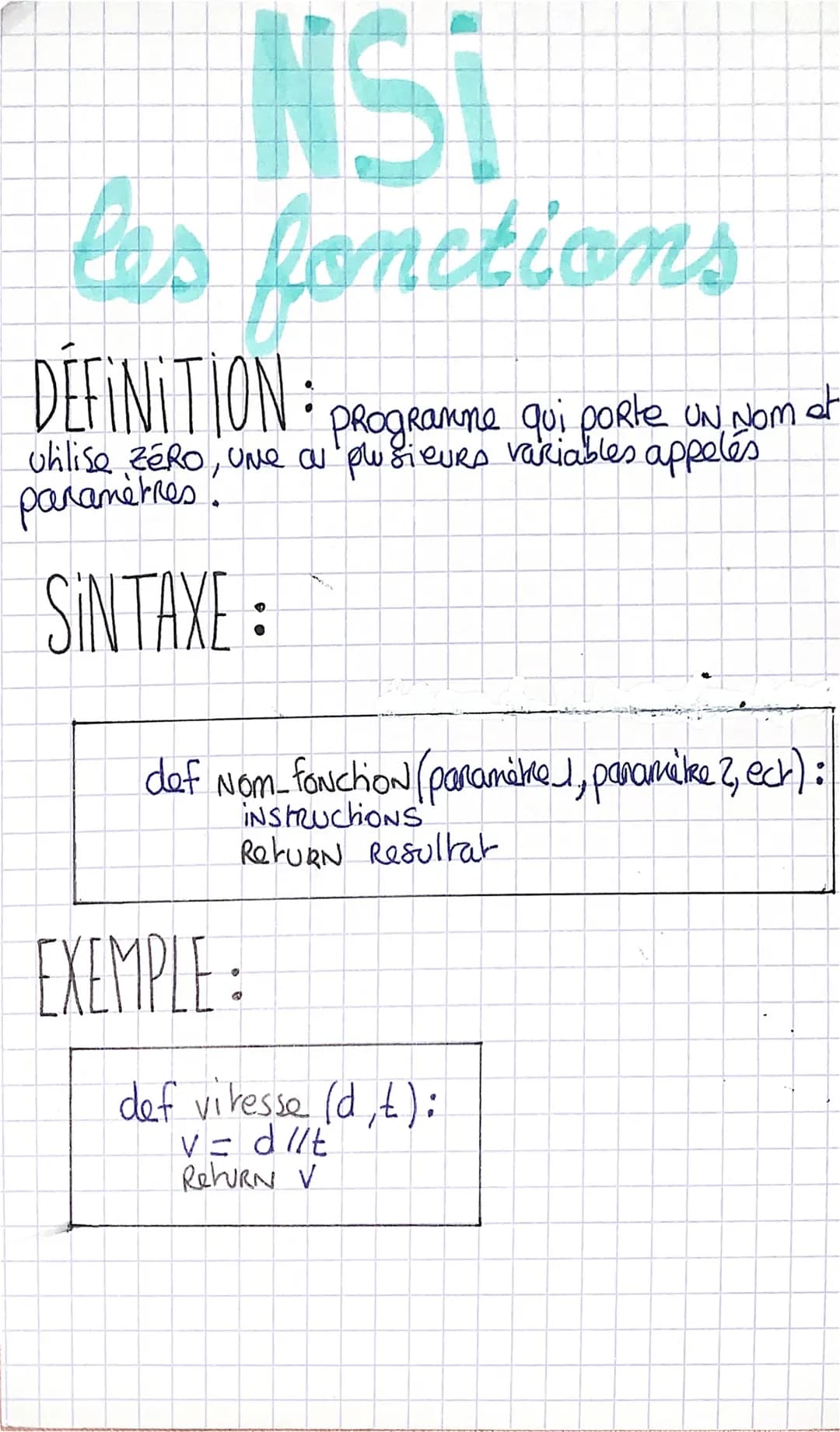 NSI
les fonctions
DEFINITION: Progeanne qui porte un som at
utilise zéro, une au plusieurs variables appelés
paramètres
SINTAXE:
def No