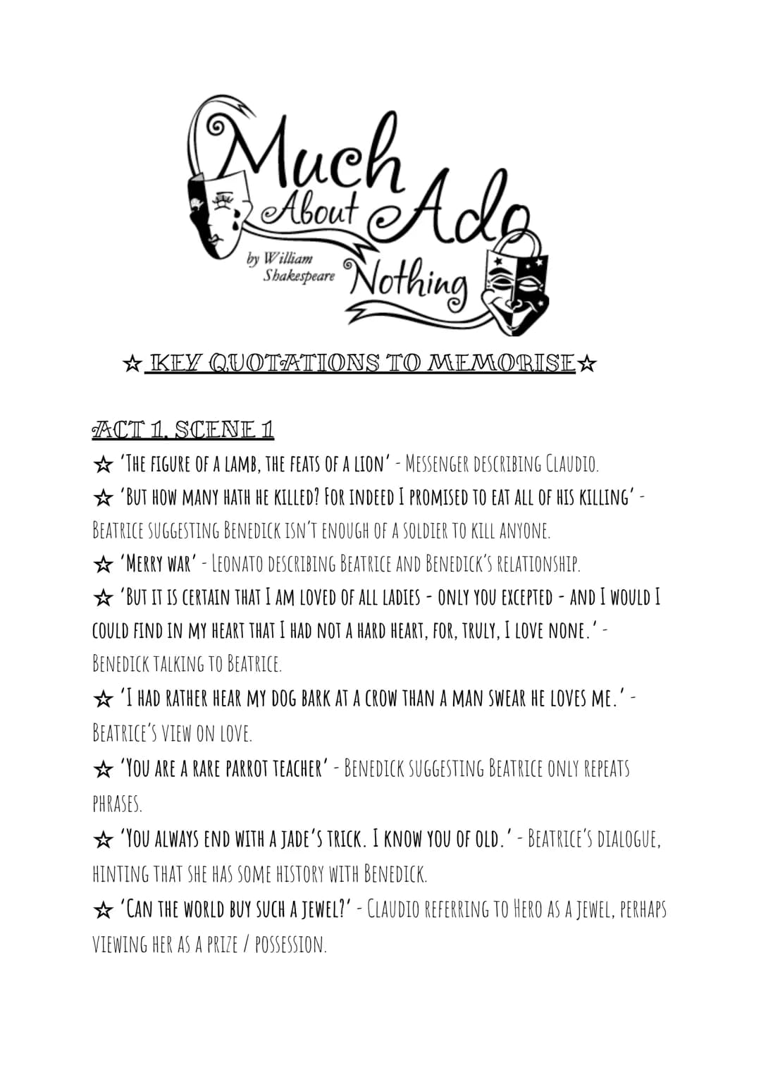 # Much
About Ado
Nothing
by William
☆KEY QUOTATIONS TO MEMORISE☆
ACT 1. SCENE 1
* 'THE FIGURE OF A LAMB, THE FEATS OF A LION' MESSEN