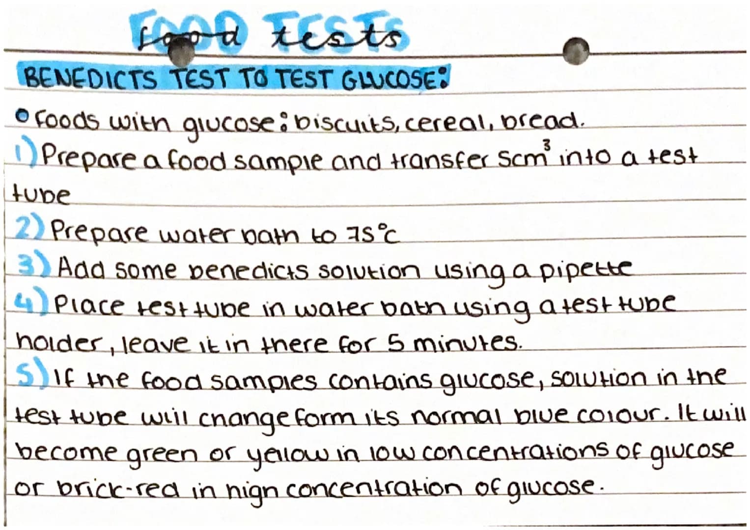 # food tests
BENEDICTS TEST TO TEST GLUCOSE:
* Foods with glucose:biscuits, cereal, bread.
1) Prepare a food sample and transfer scm³ int