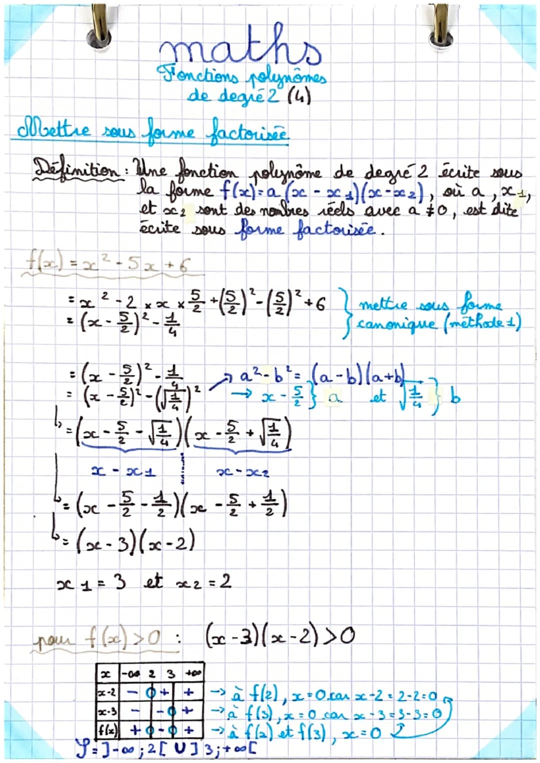 # maths
Fonctions polynomes
de degré 2 (1)
Définition: Une fonction polynome
nôme de degré 2 écrite sous la
forme $f(x)=a(x-\alpha)^2 + \bet