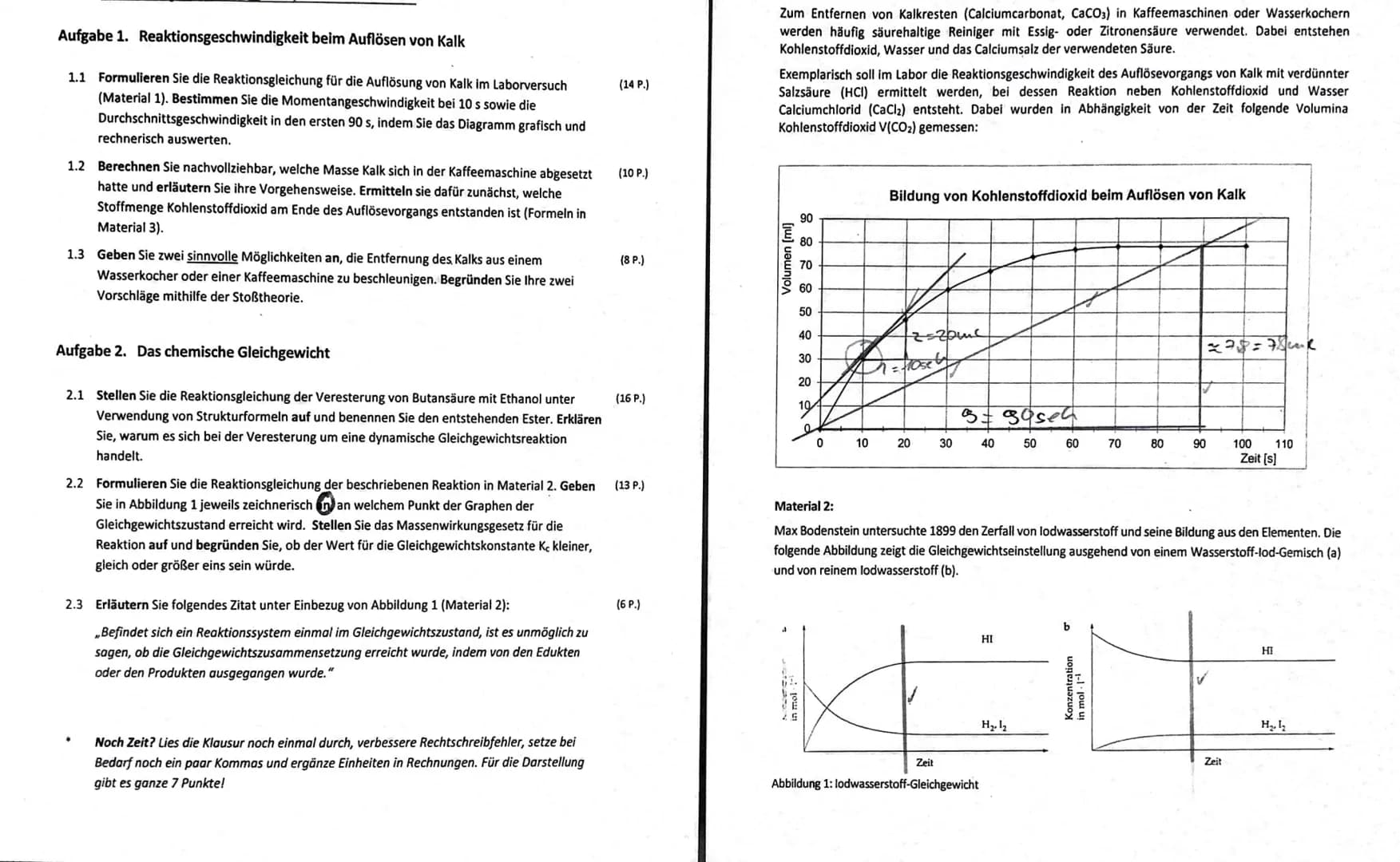 # Aufgabe 1. Reaktionsgeschwindigkeit beim Auflösen von Kalk
1.1 Formulieren Sie die Reaktionsgleichung für die Auflösung von Kalk im Labor