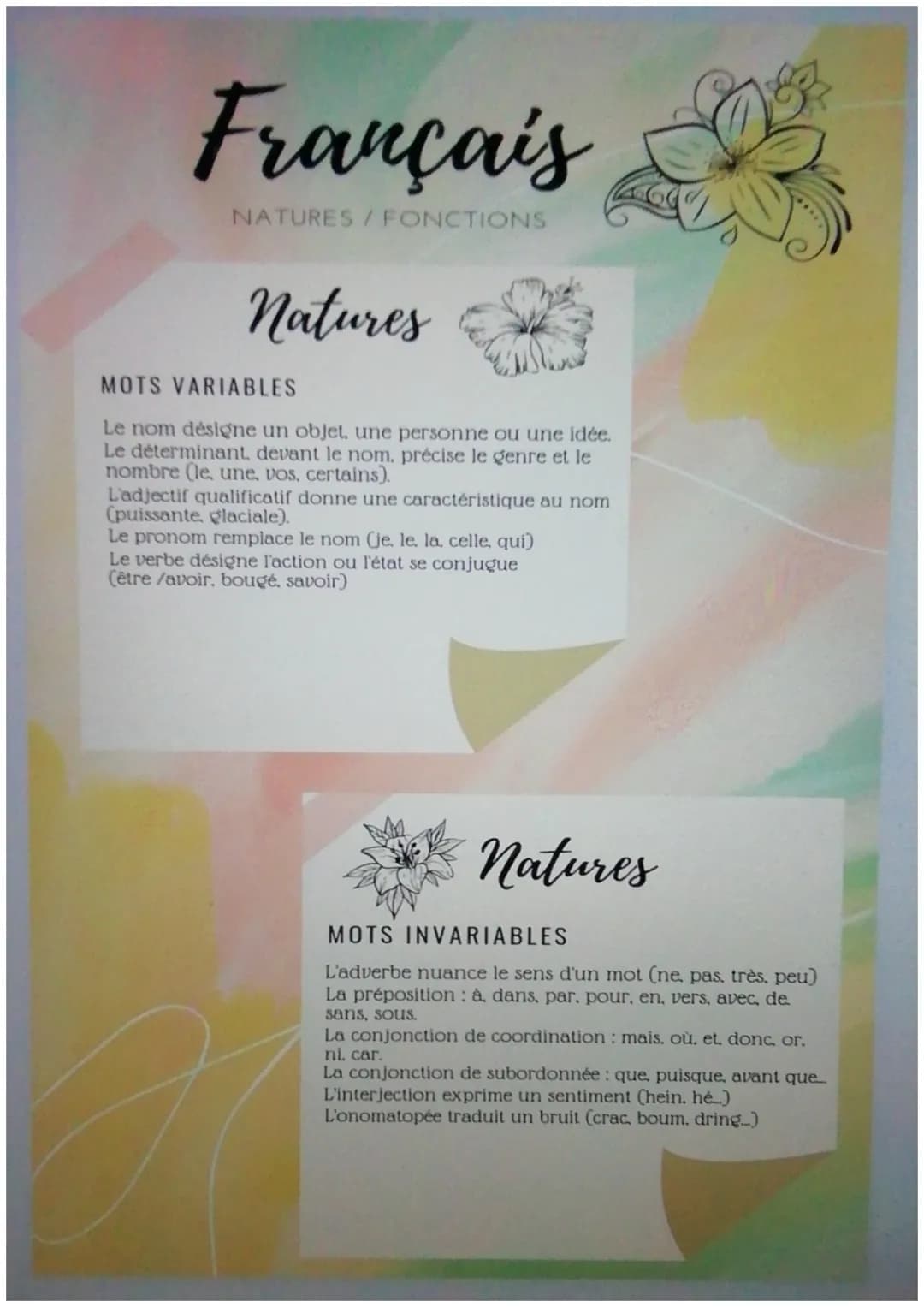 # Français
NATURES/FONCTIONS
## Natures
MOTS VARIABLES
Le nom désigne un objet, une personne ou une idée.
Le déterminant, devant le nom,