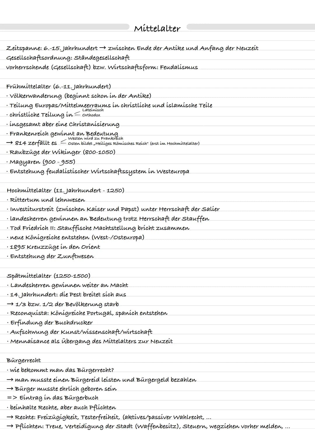 # Mittelalter
Zeitspanne: 6.-15. Jahrhundert zwischen Ende der Antike und Anfang der Neuzeit
Gesellschaftsordnung: Ständegesellschaft.
vorh