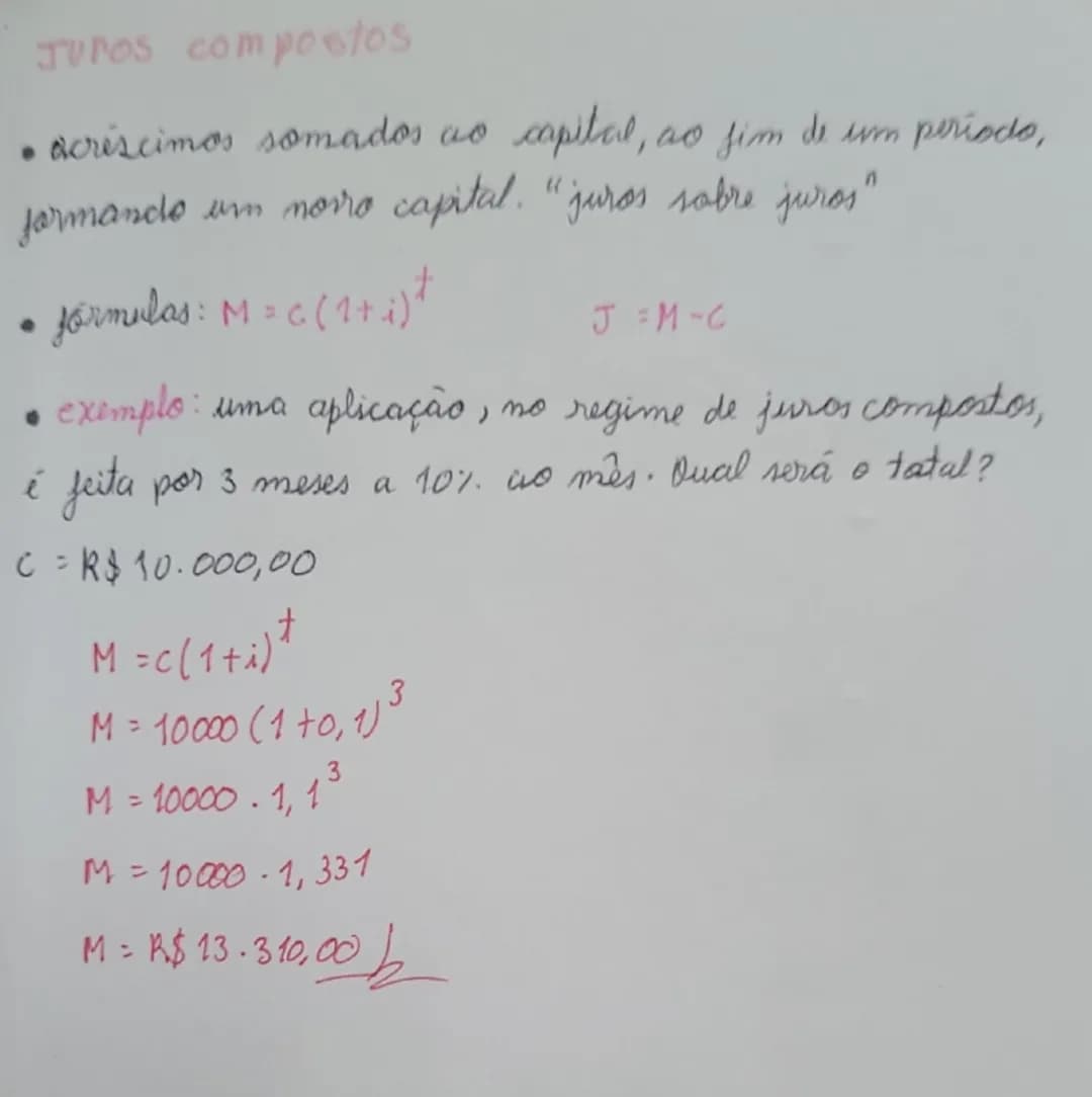 junos:
Juros simples
- acréscimos somados no capital inicial as final de unn
determinado periodo.
- fórmula: $J = C. i.t$
$J$ = juros simpl