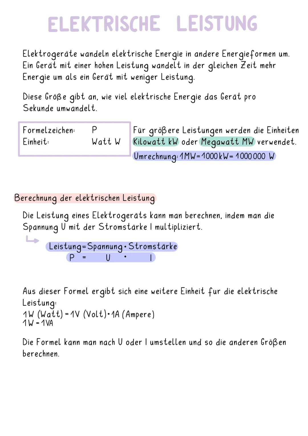 # ELEKTRISCHE LEISTUNG
Elektrogeräte wandeln elektrische Energie in andere Energieformen um.
Ein Gerät mit einer hohen Leistung wandelt in