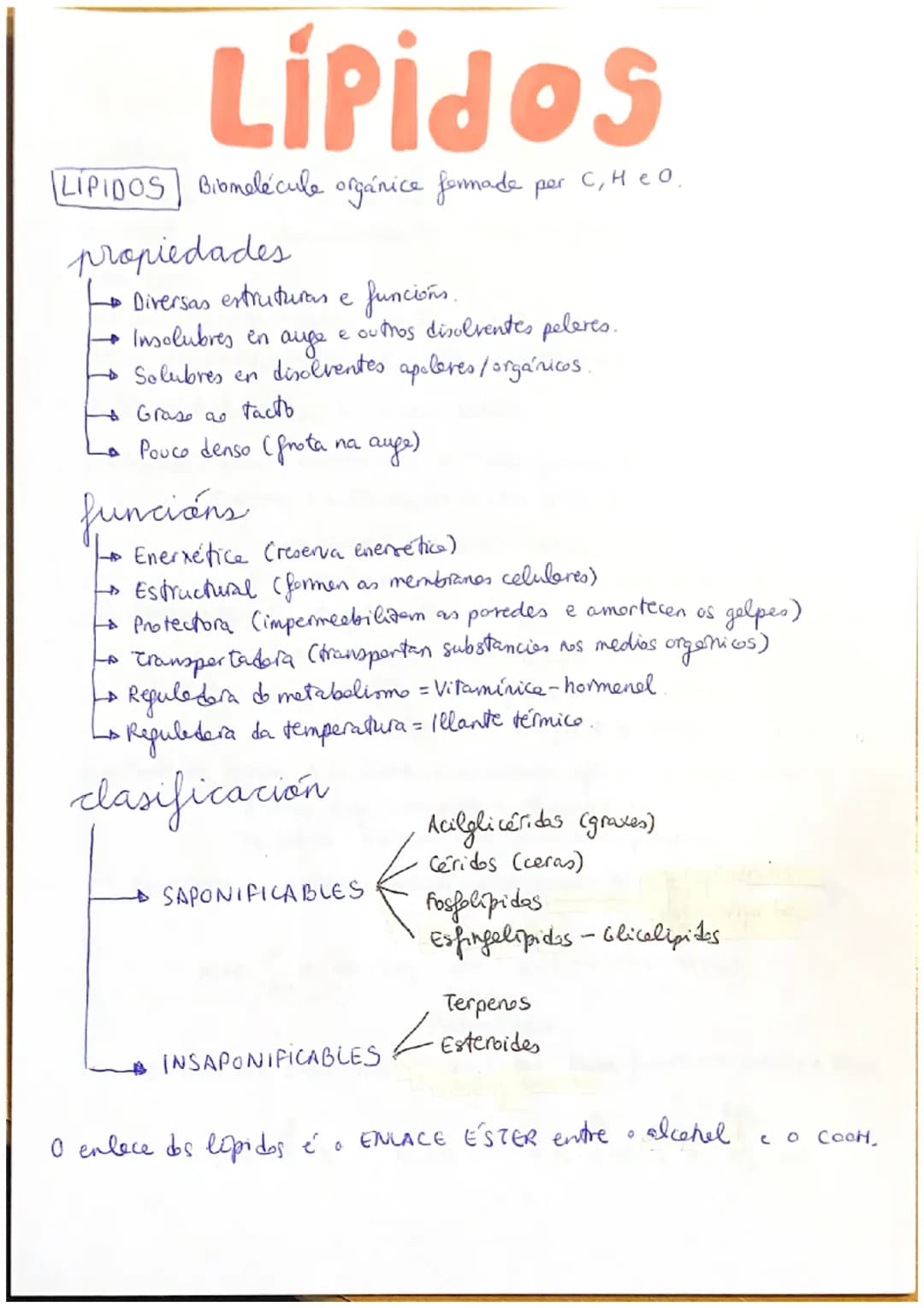 # Lipidos
(LIPIDOS) Biomolécule orgánice formade per C, H e O.
propiedades
→ Diversas estruturas e funcións.
→ Insolubres en auge e outr