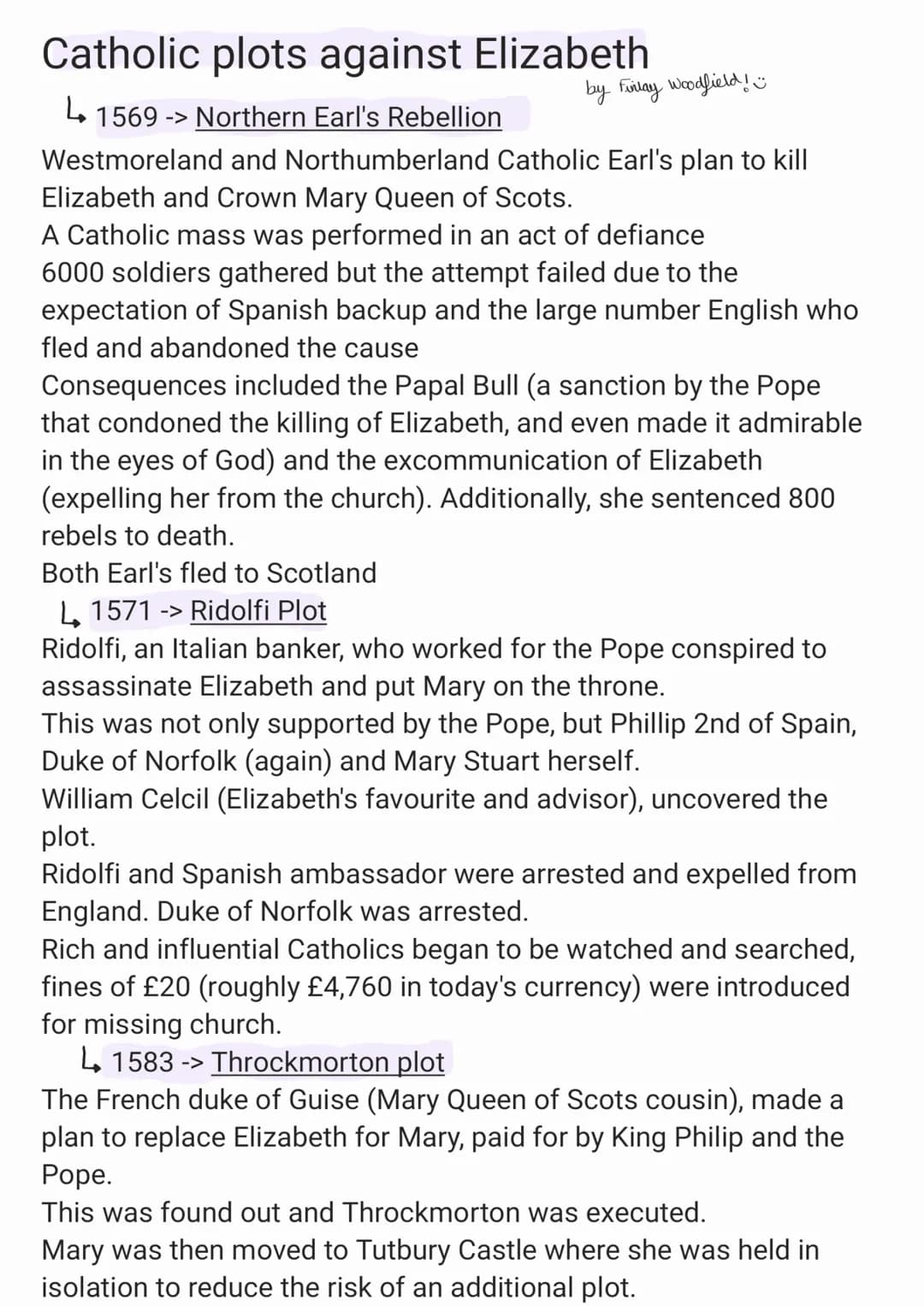 # Catholic plots against Elizabeth
1569 م -< Northern Earl's Rebellion
by Finlay Woodfield!
Westmoreland and Northumberland Catholic Earl