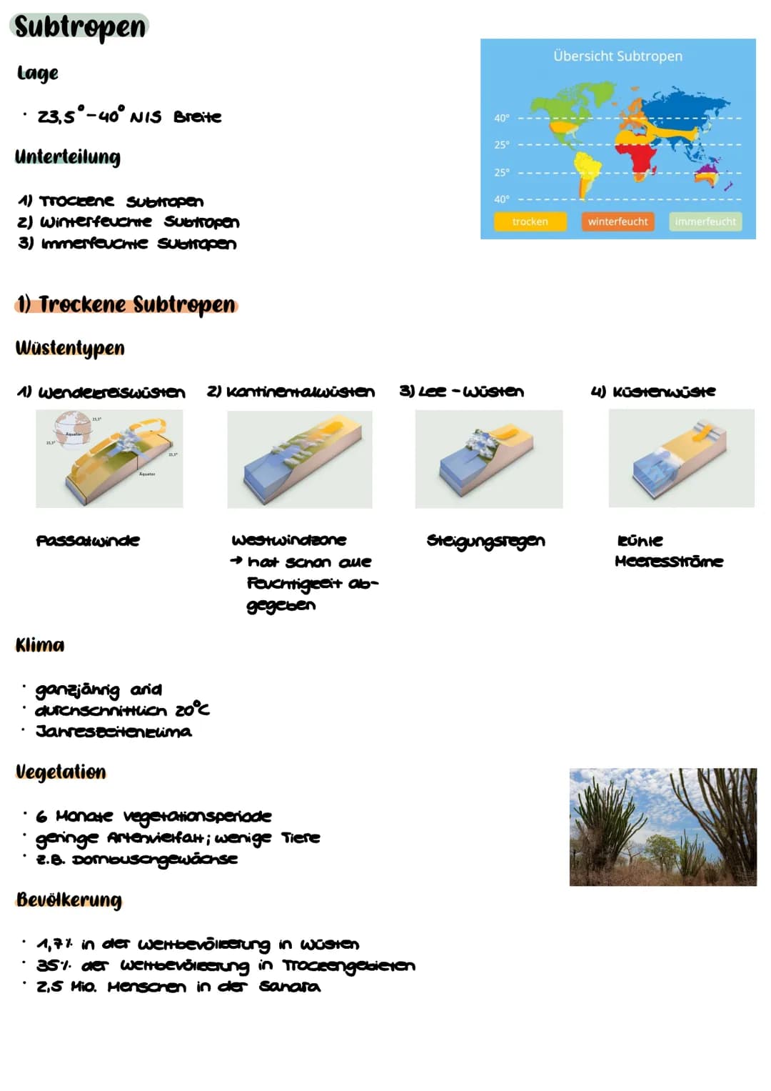 # Die Subtropen # Subtropen
Lage
* 23,5°-40° NIS Breite
Unterteilung
1) Trockene subtropen
2) Winterfeuchte Subtropen
3) Immerfeuchte