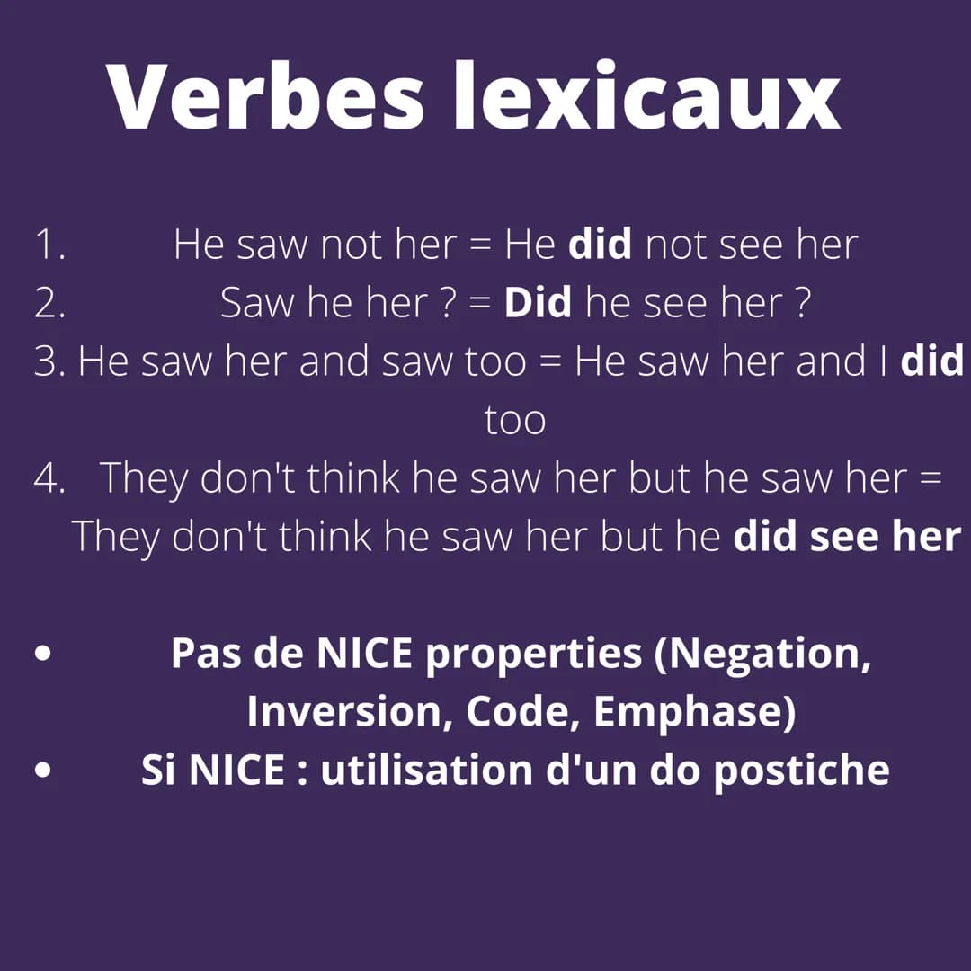 # Grammaire
Auxiliaire : be, have, ought, can, may, shall, could,
might, should, dare, must, will, do, need, would
Propriétés des auxiliai