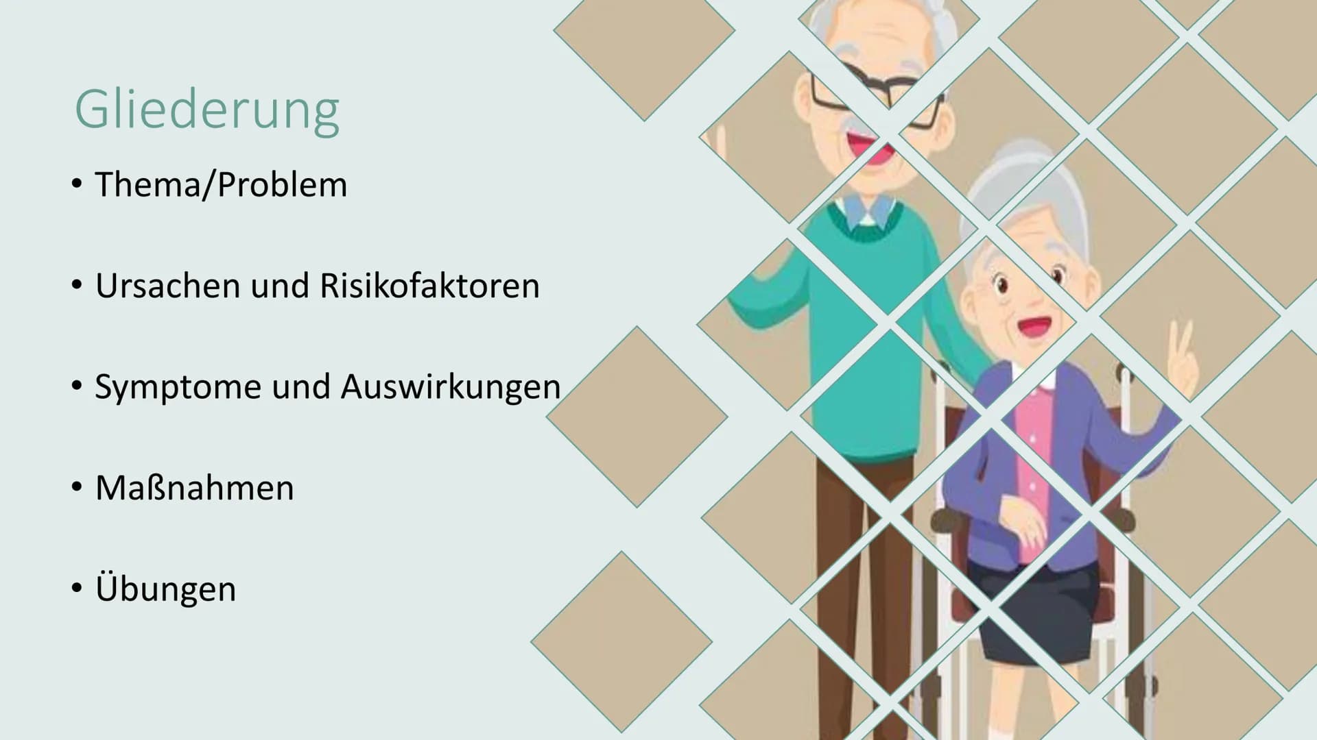 # KONTRAKTURPROPHYLAXE Gliederung
* Thema/Problem
* Ursachen und Risikofaktoren
* Symptome und Auswirkungen
* Maßnahmen
* Übungen