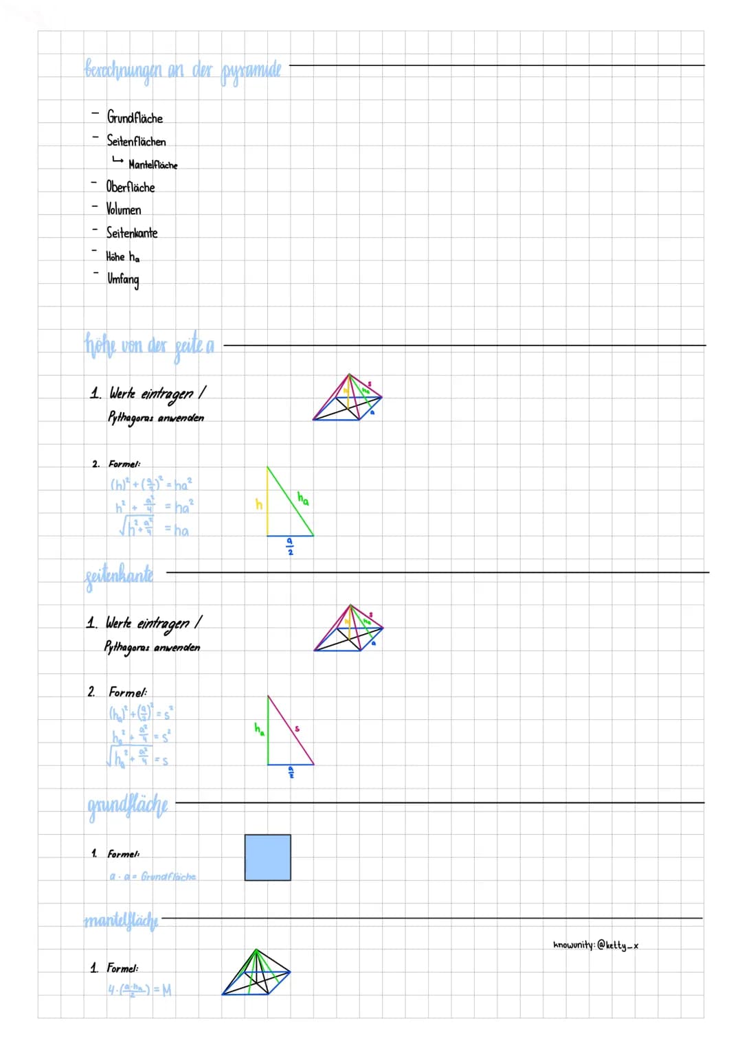 # Pyramide
bestandteile
Pyramide
Grundfläche
Diagonale der Grundfläche
A
Seitenflächen
Seitenkante/
Mantellinie
Höhe von der Seite a