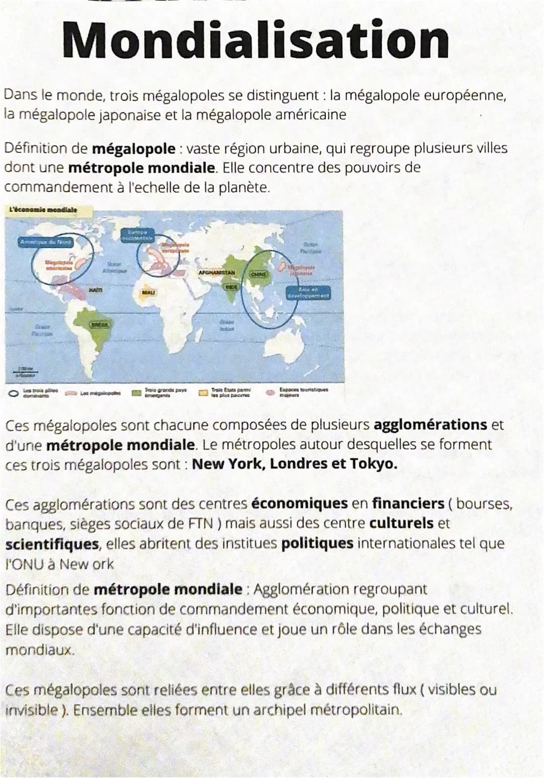 # Mondialisation
Dans le monde, trois mégalopoles se distinguent: la mégalopole européenne,
la mégalopole japonaise et la mégalopole améric
