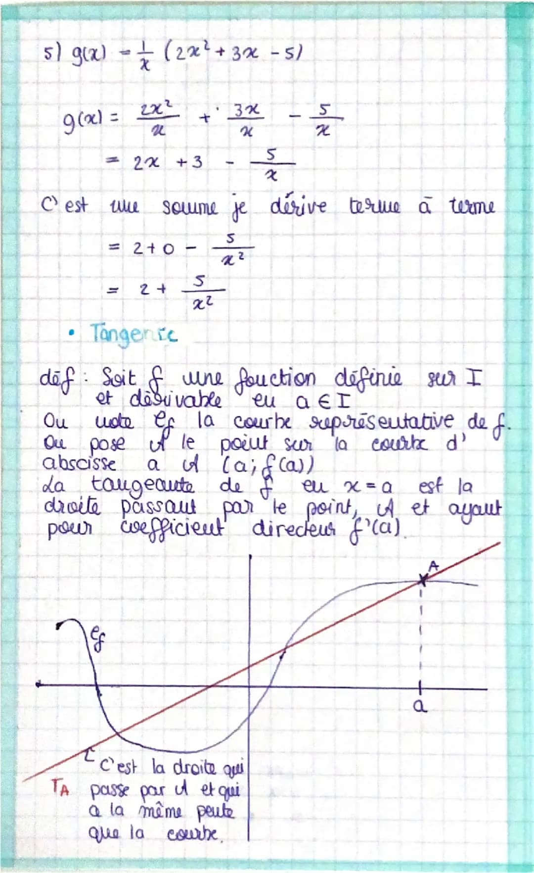 chap 3
# Dérivation
T(h) = $\frac{f(a+h) -f(a)}{h}$
> Taux d'accroissement de f en a,
Il dépend de h
Ou appelle Ta la taugente à Cf en A