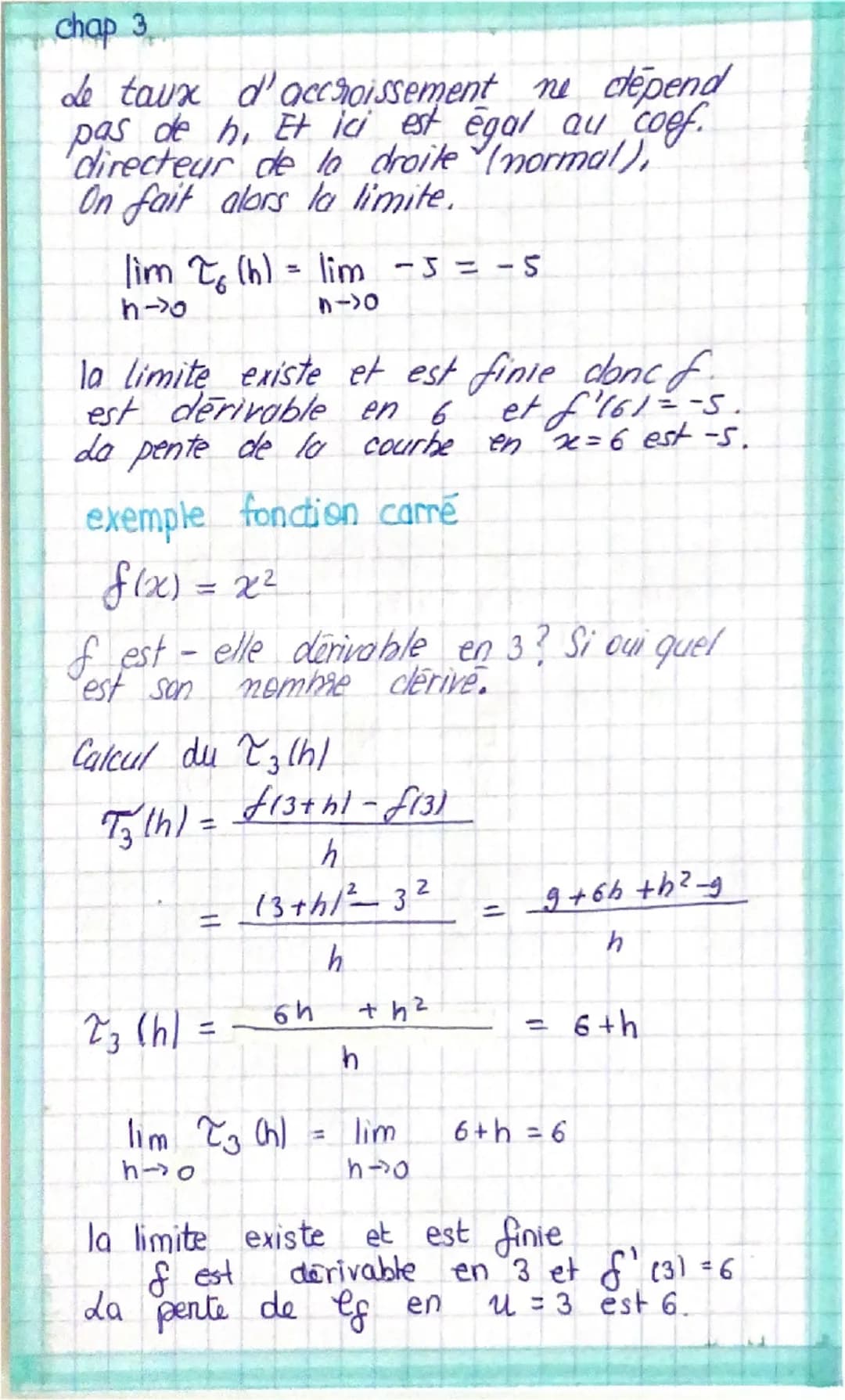 chap 3
# Dérivation
T(h) = $\frac{f(a+h) -f(a)}{h}$
> Taux d'accroissement de f en a,
Il dépend de h
Ou appelle Ta la taugente à Cf en A