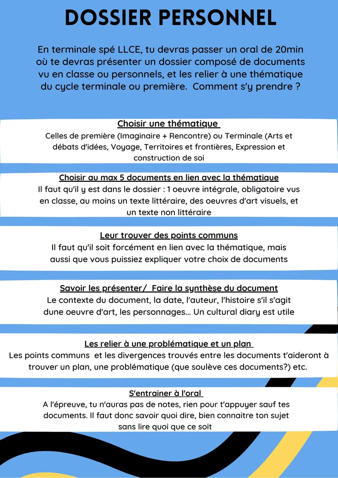 # DOSSIER PERSONNEL
En terminale spé LLCE, tu devras passer un oral de 20min
où te devras présenter un dossier composé de documents
vu en c