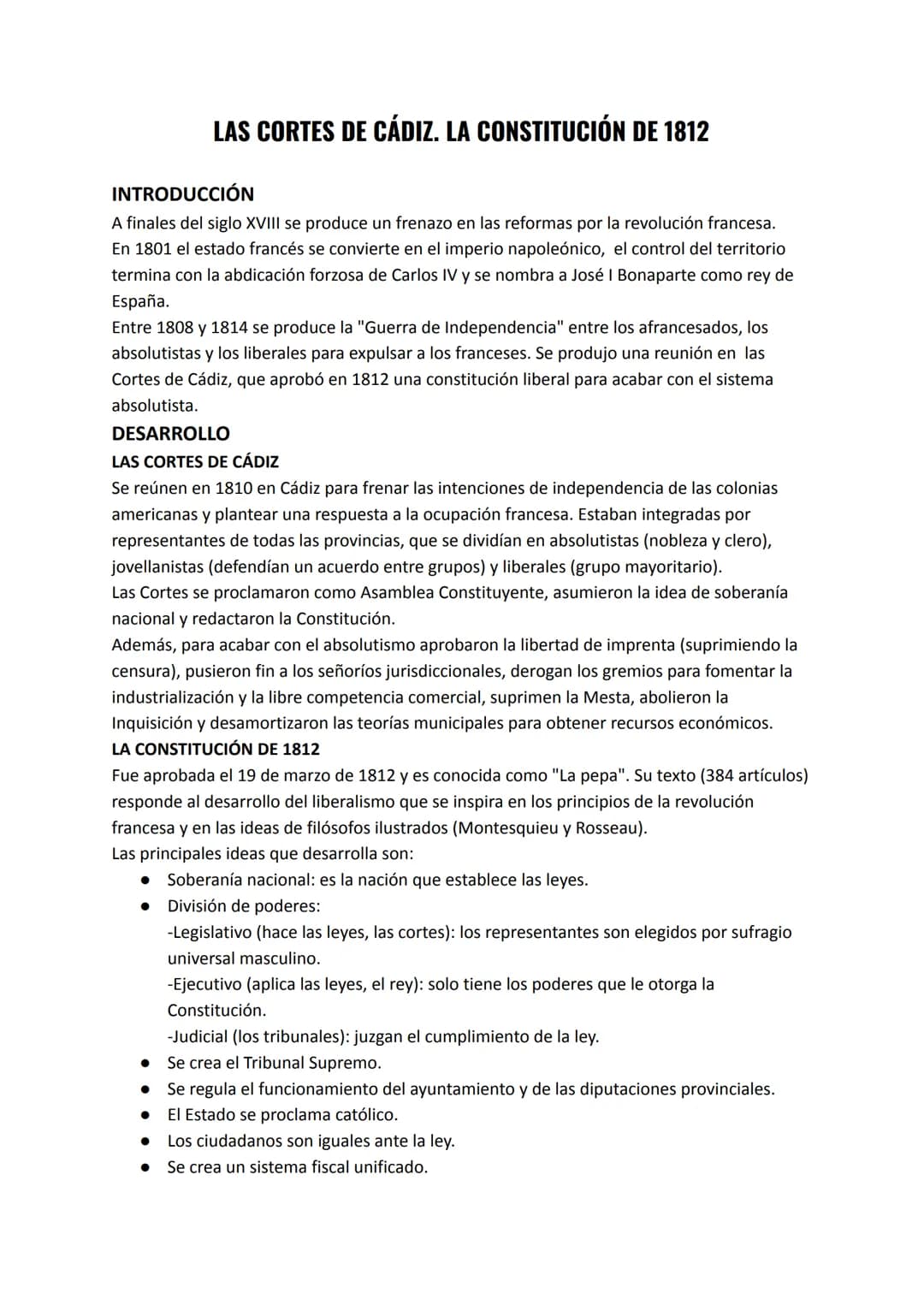 # LAS CORTES DE CÁDIZ. LA CONSTITUCIÓN DE 1812
INTRODUCCIÓN
A finales del siglo XVIII se produce un frenazo en las reformas por la revoluc