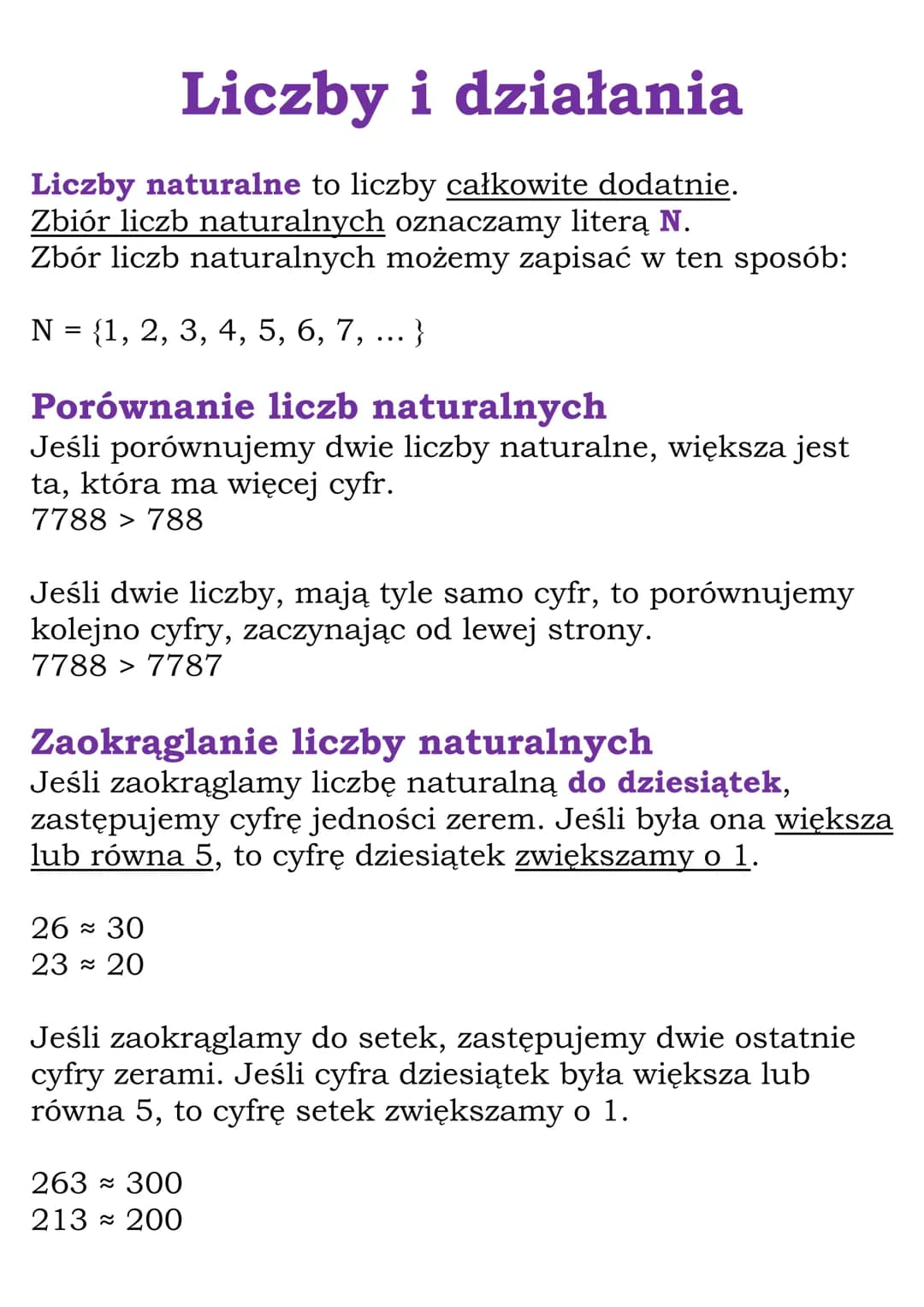 # Liczby i działania
Liczby naturalne to liczby całkowite dodatnie.
Zbiór liczb naturalnych oznaczamy literą N.
Zbór liczb naturalnych może